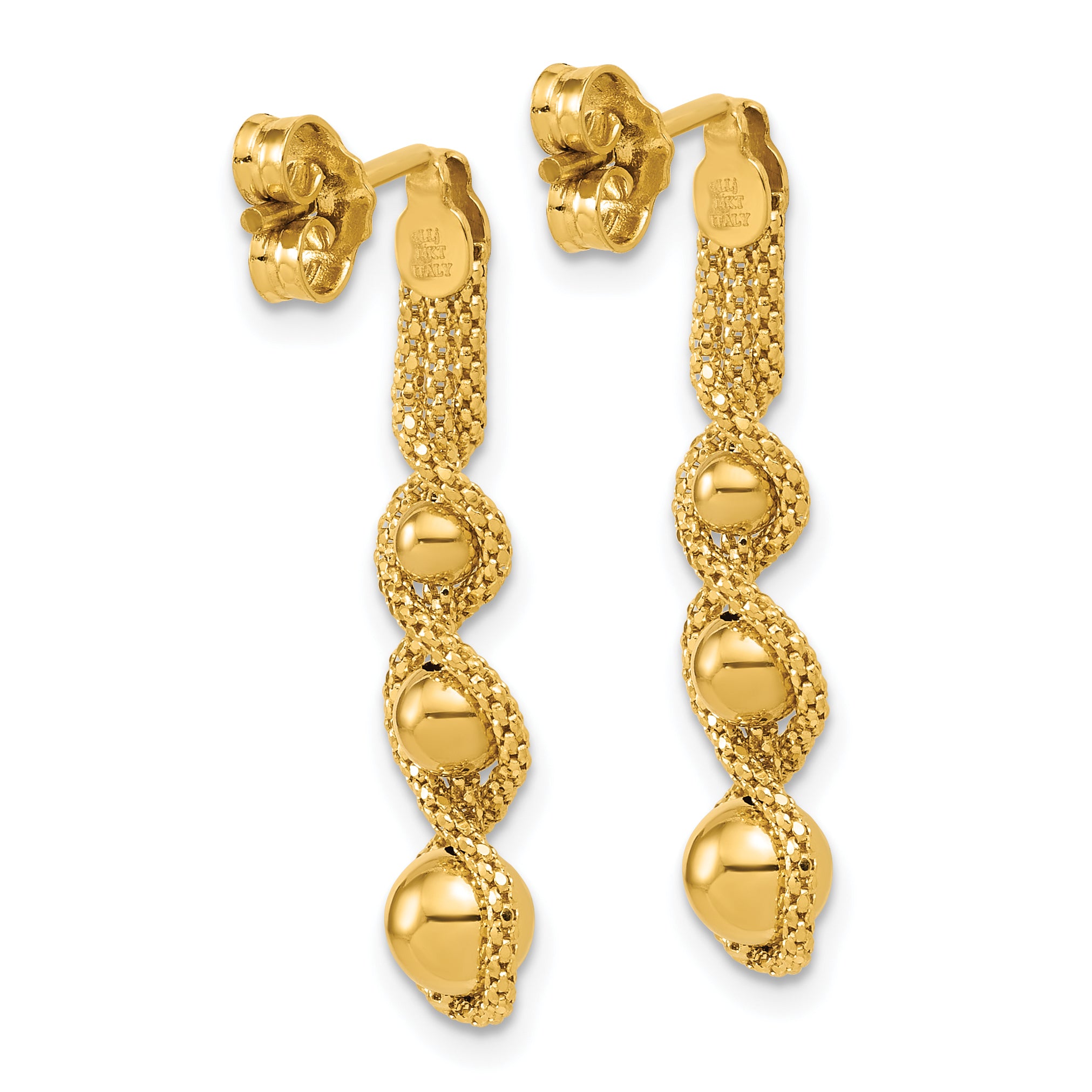 14K Polished and D/C Twisted Beaded Dangle Post Earrings Secondary image
