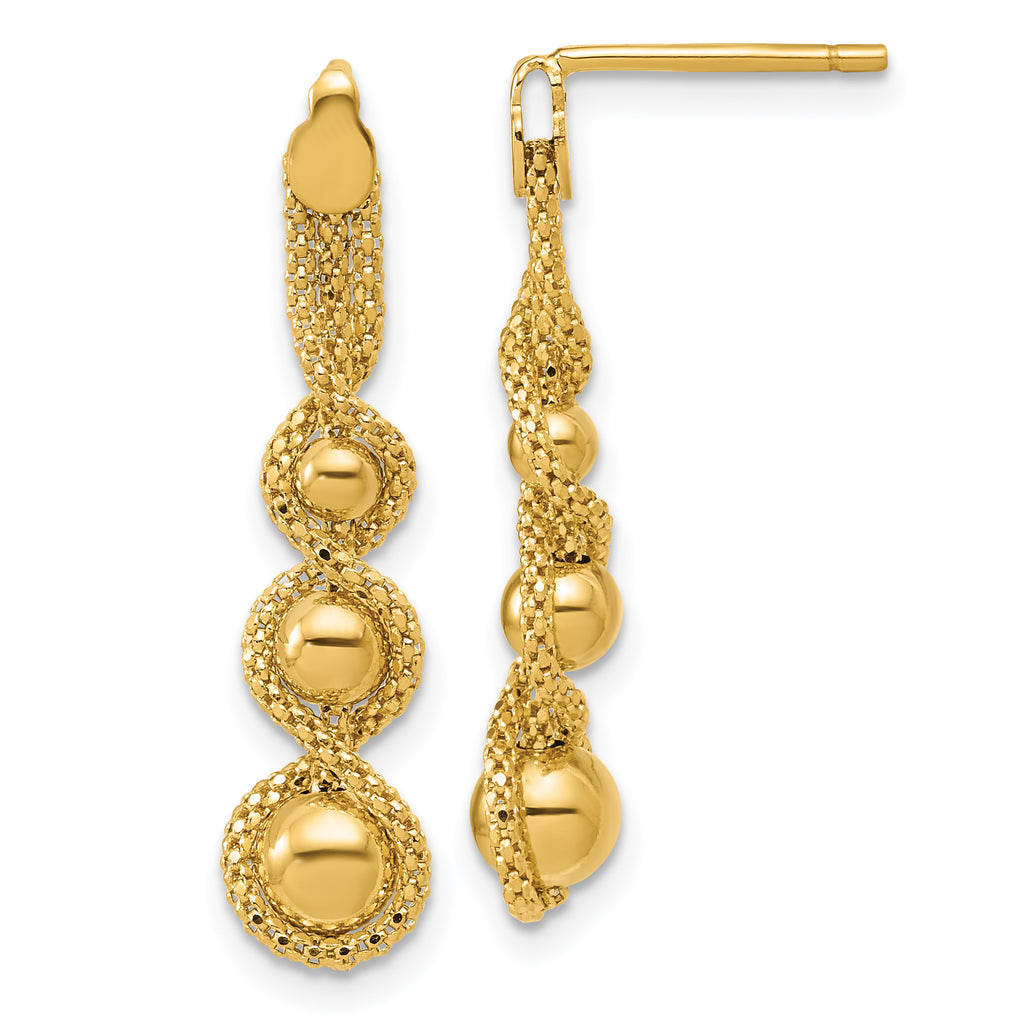 14K Polished and D/C Twisted Beaded Dangle Post Earrings