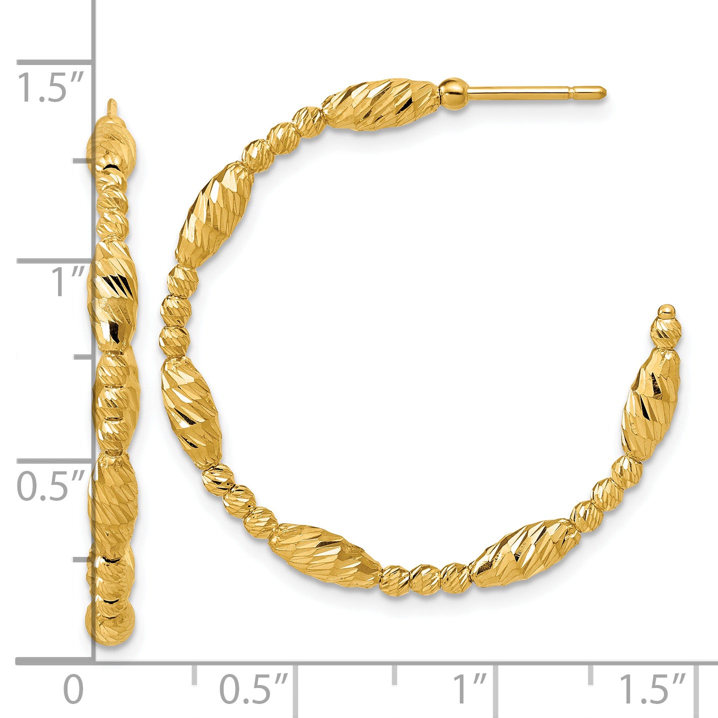 14K Polished and Diamond-cut Beaded Fancy J-Hoop Post Earrings