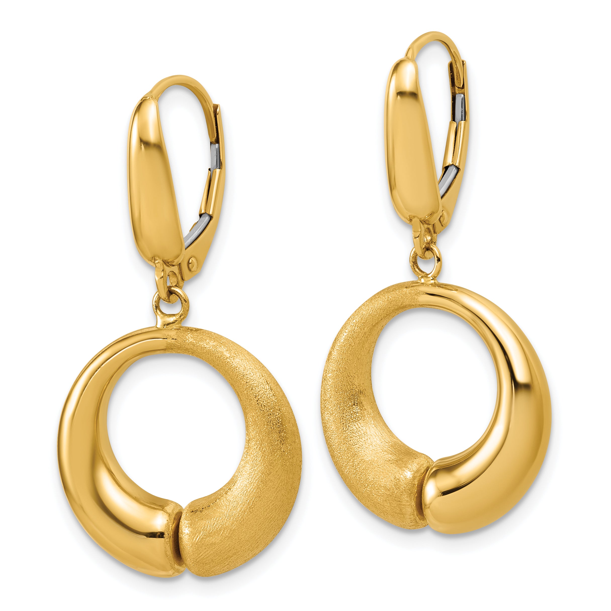 14K Polished and Brushed Circle Leverback Earrings