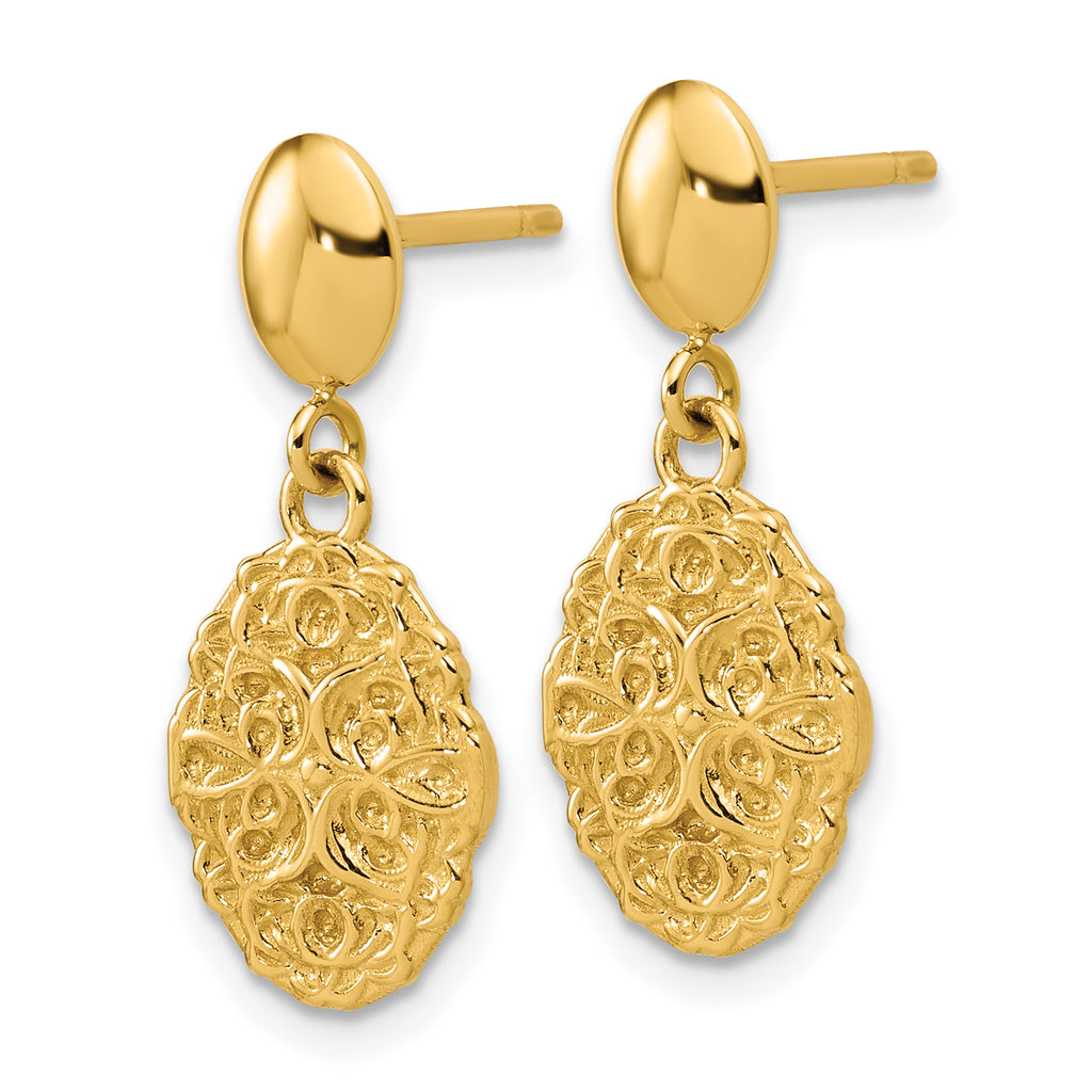 14K Polished Oval Textured Dangle Post Earrings