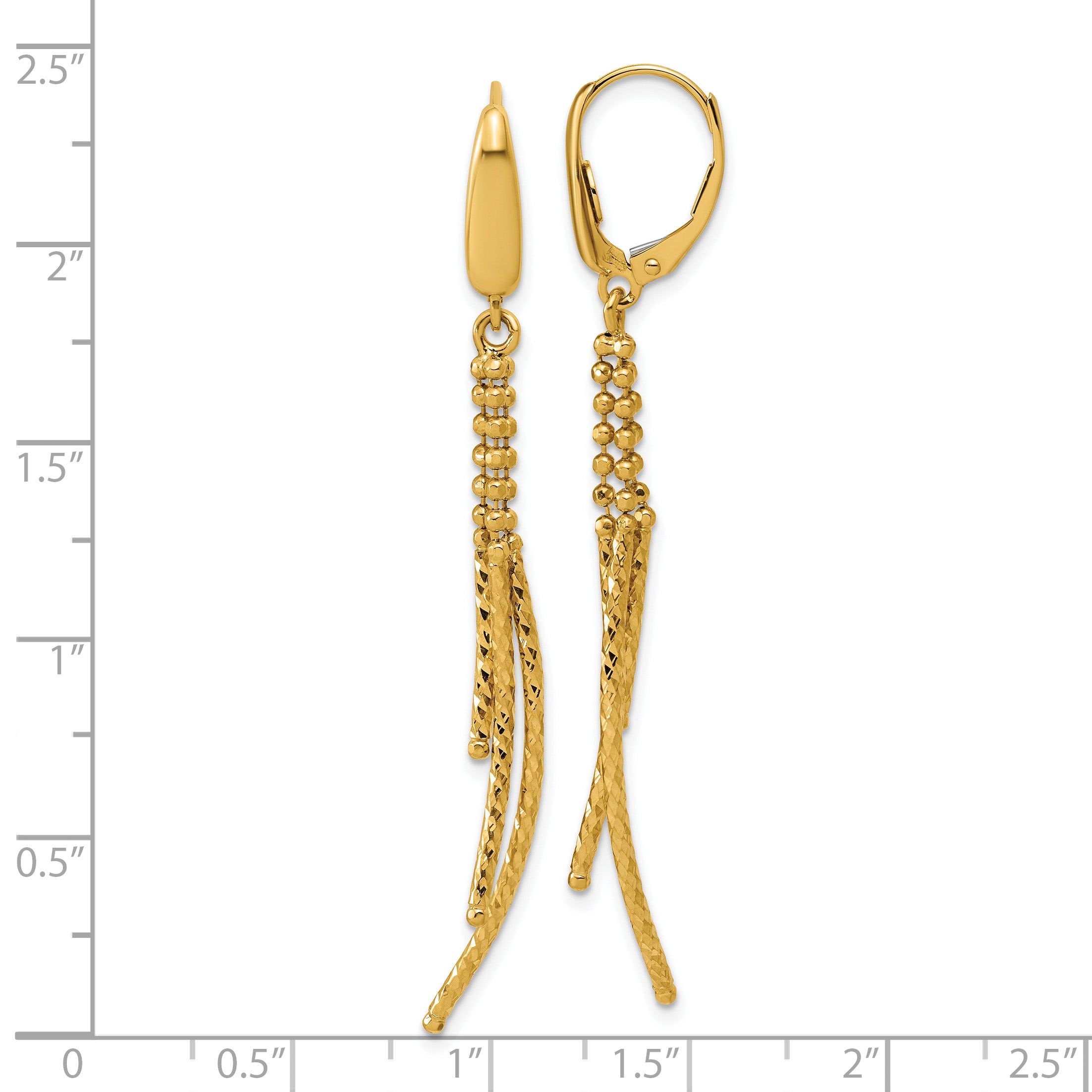 14K Polished and  Dia-cut 3-strand Bar leverback Earrings