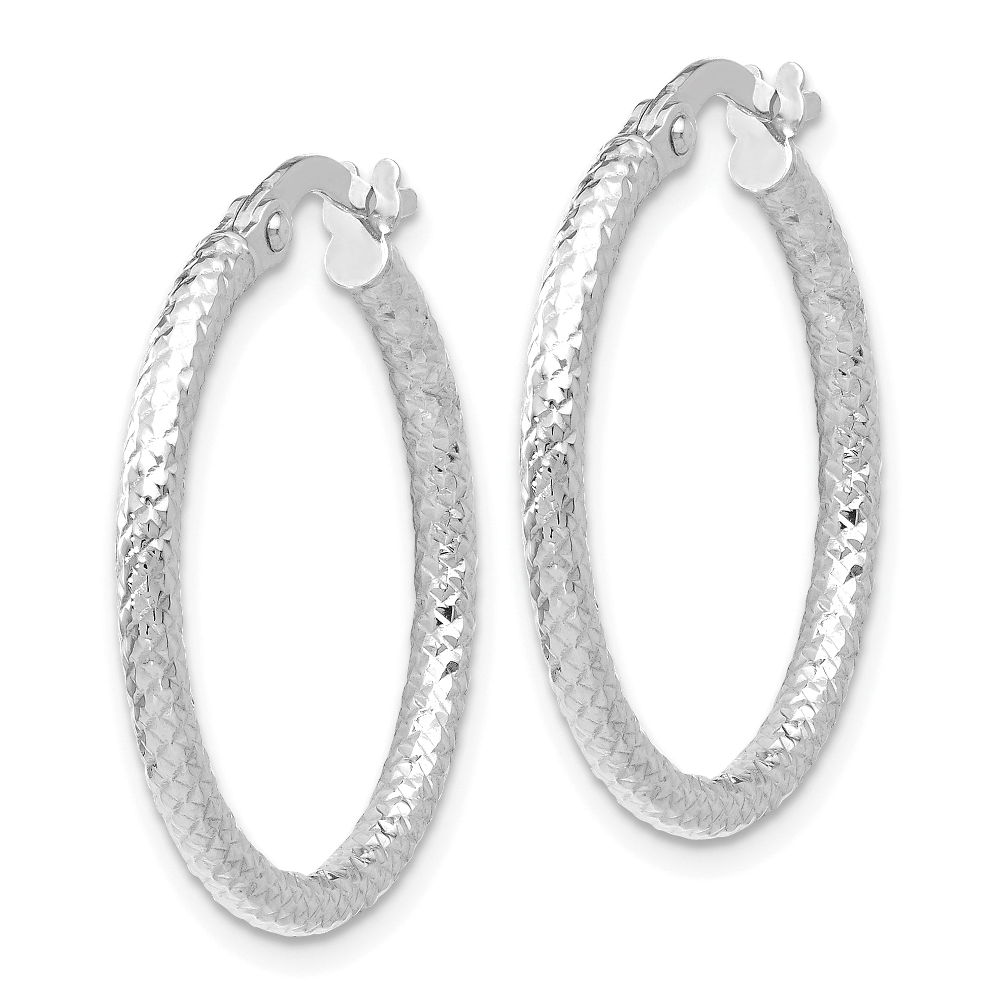 14K White Gold Polished and Textured Hinged Hoop Earrings Secondary image