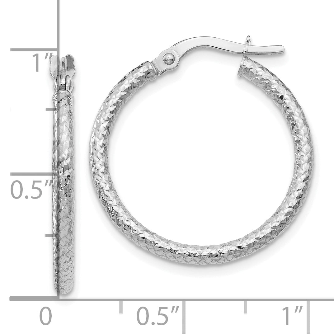 14K White Gold Polished and Textured Hinged Hoop Earrings