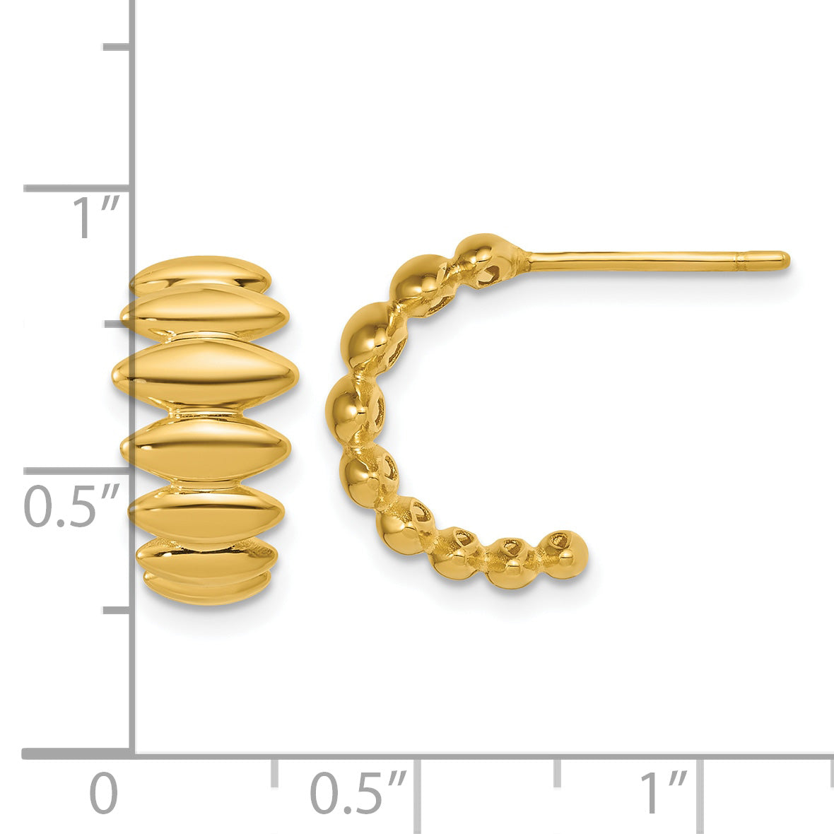 14K Polished and Grooved J-Hoop Post Earrings