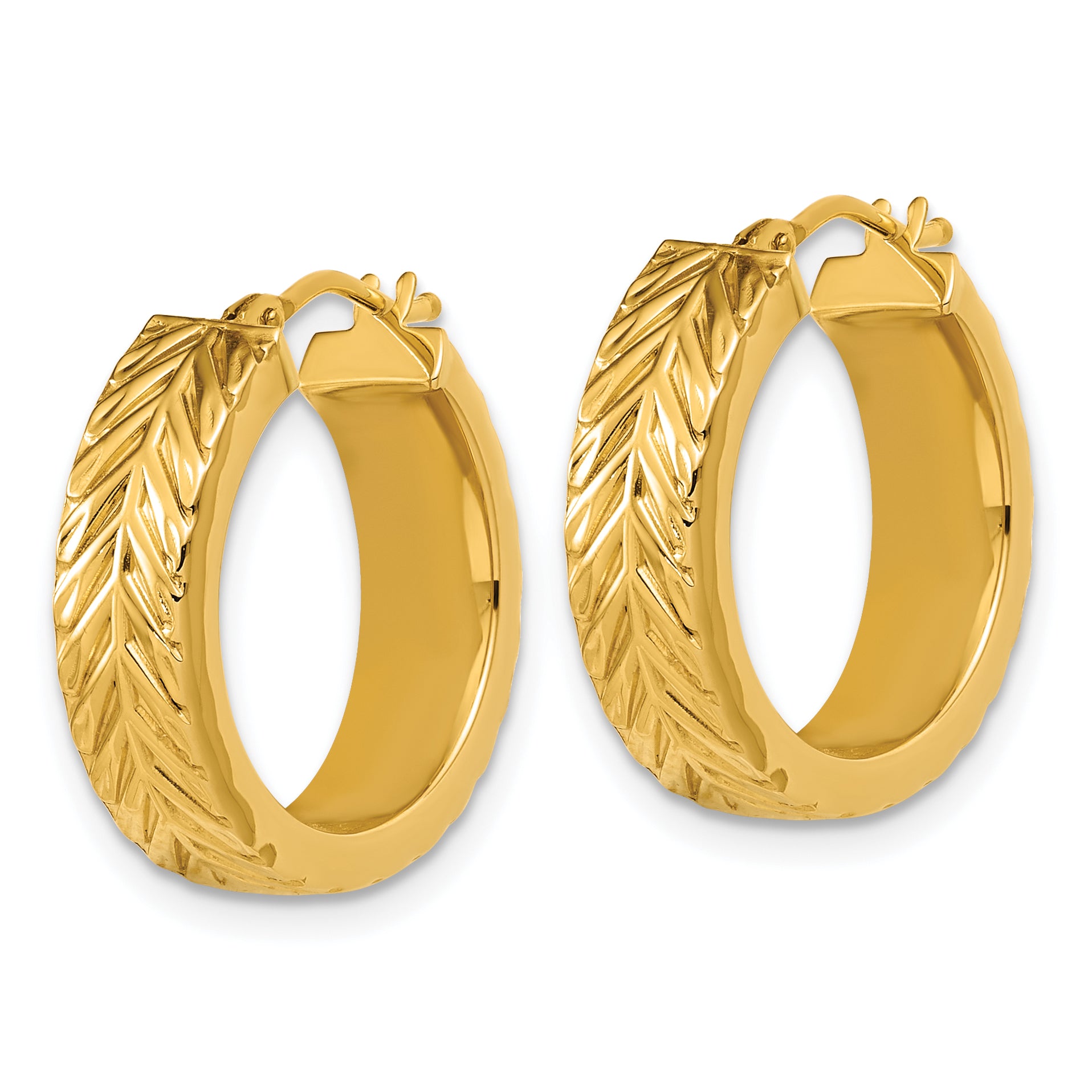 14K Polished and Grooved Round Hoop Earrings Secondary image