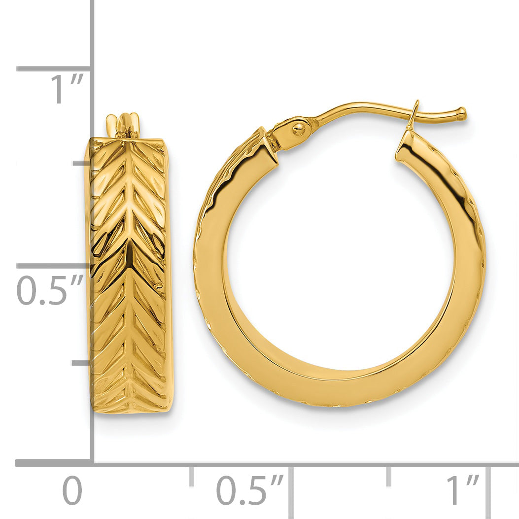 14K Polished and Grooved Round Hoop Earrings