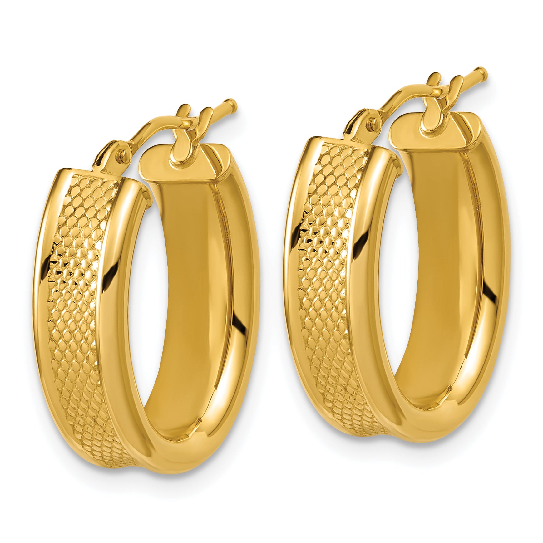 14K Polished and Textured Oval Hoop Earrings Secondary image