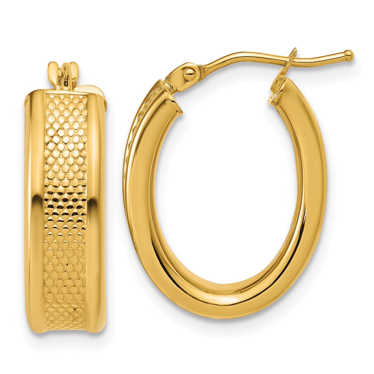 14K Polished and Textured Oval Hoop Earrings
