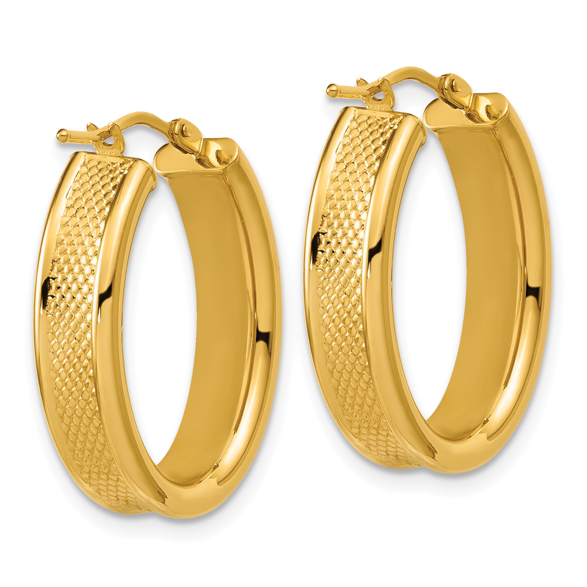 14K Polished and Textured Oval Hoop Earrings