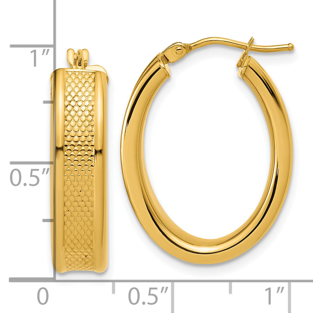 14K Polished and Textured Oval Hoop Earrings