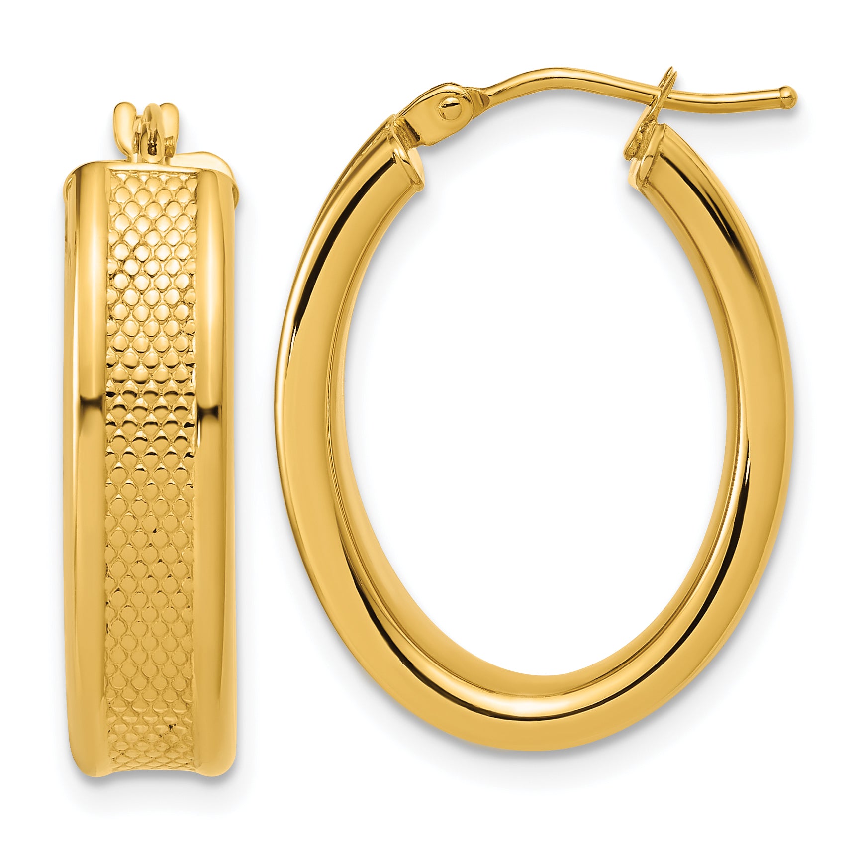 14K Polished and Textured Oval Hoop Earrings
