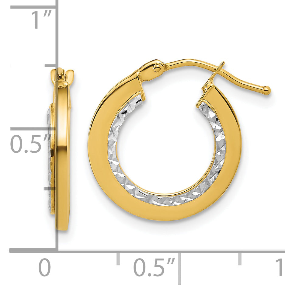 14K w/White Rhodium Polished and Diamond-cut Round Hoop Earrings Secondary image