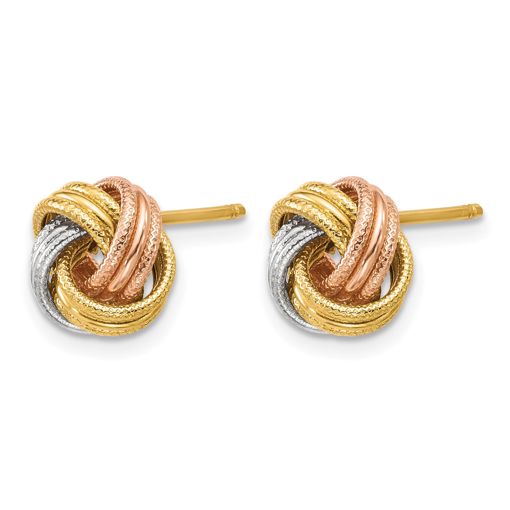 14K Tri-Color Gold Textured Love Knot Button Earrings, 9mm Secondary image