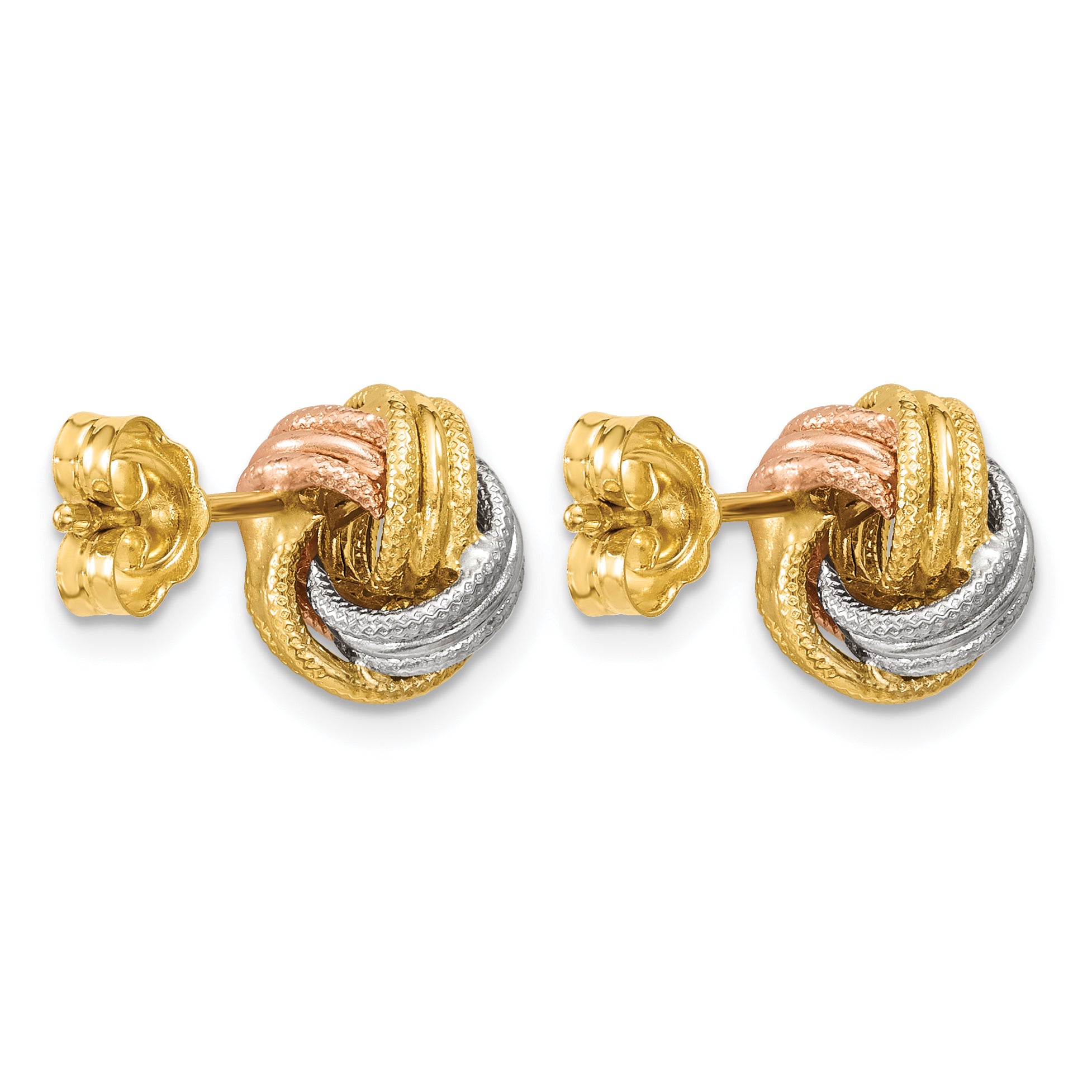 14K Tri-Color Gold Textured Love Knot Button Earrings, 9mm