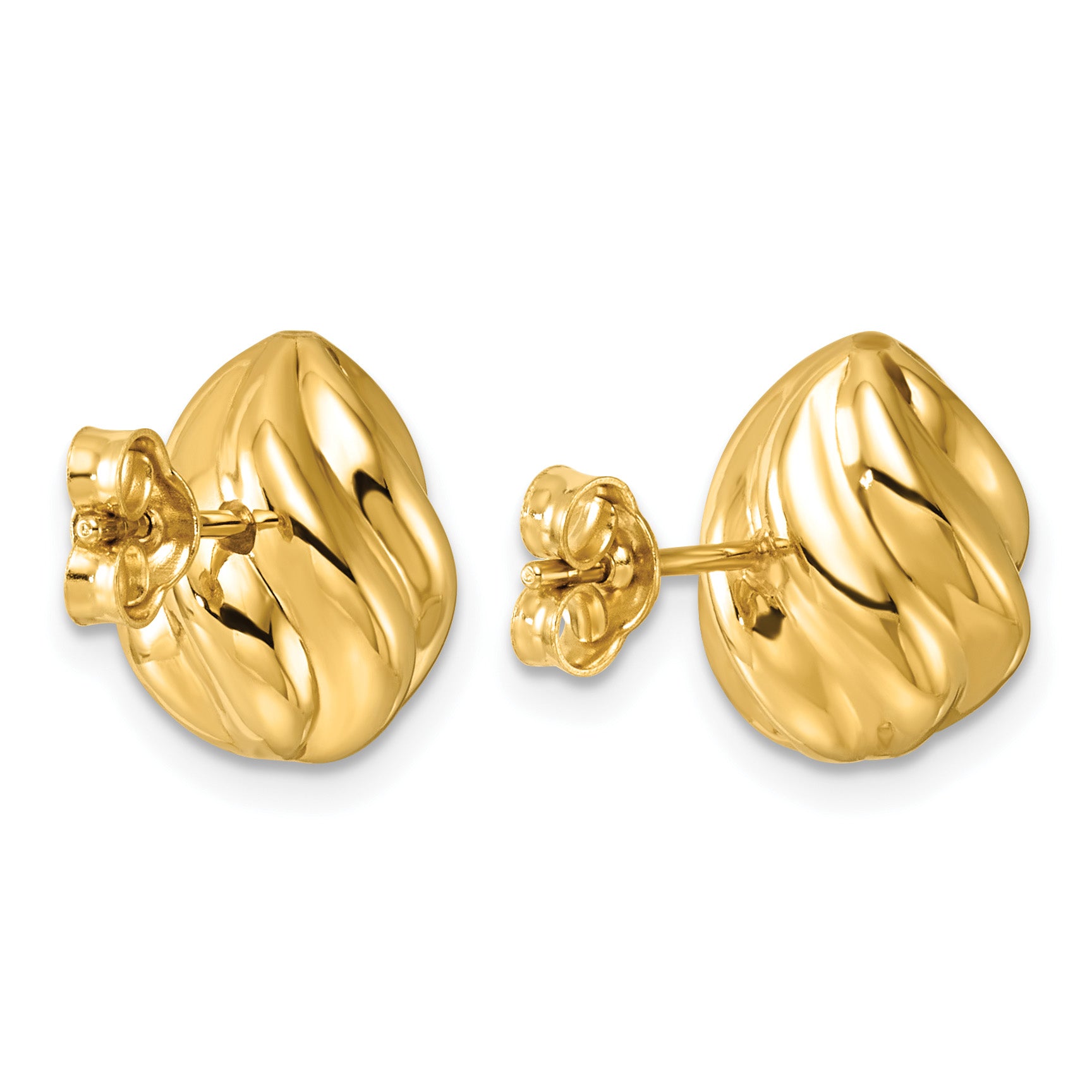 14K Yellow Gold Grooved Button Earrings, 9.5mm