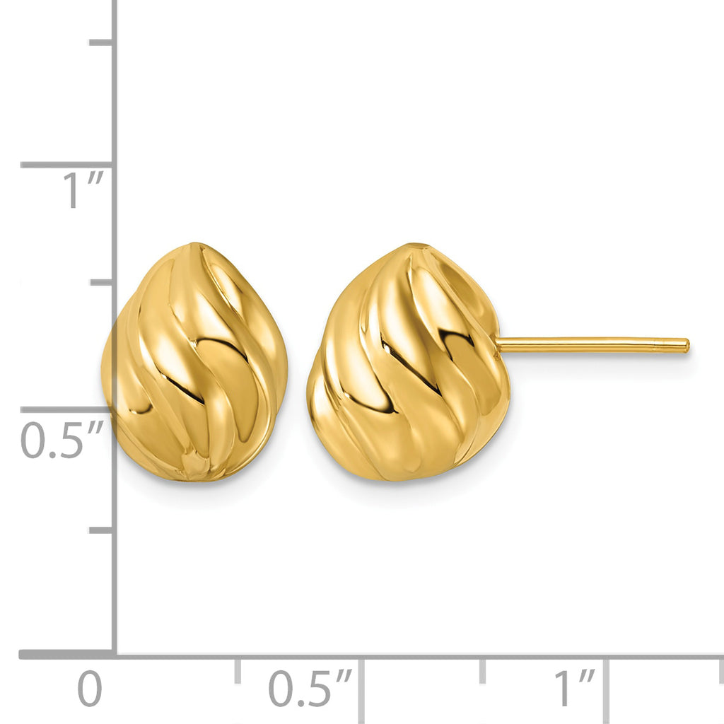 14K Yellow Gold Grooved Button Earrings, 9.5mm