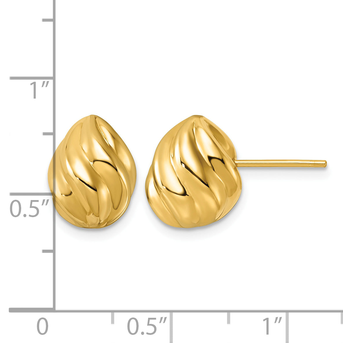 14K Yellow Gold Grooved Button Earrings, 9.5mm