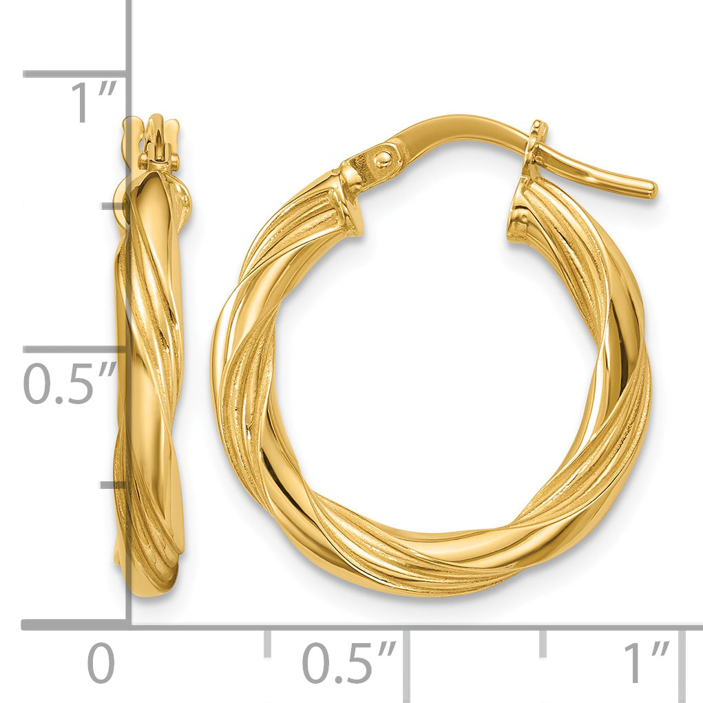 14K Yellow Gold Grooved Hoop Earrings, 3mm
