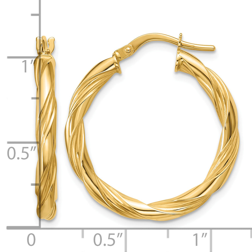 14K Yellow Gold Grooved Hoop Earrings, 3mm