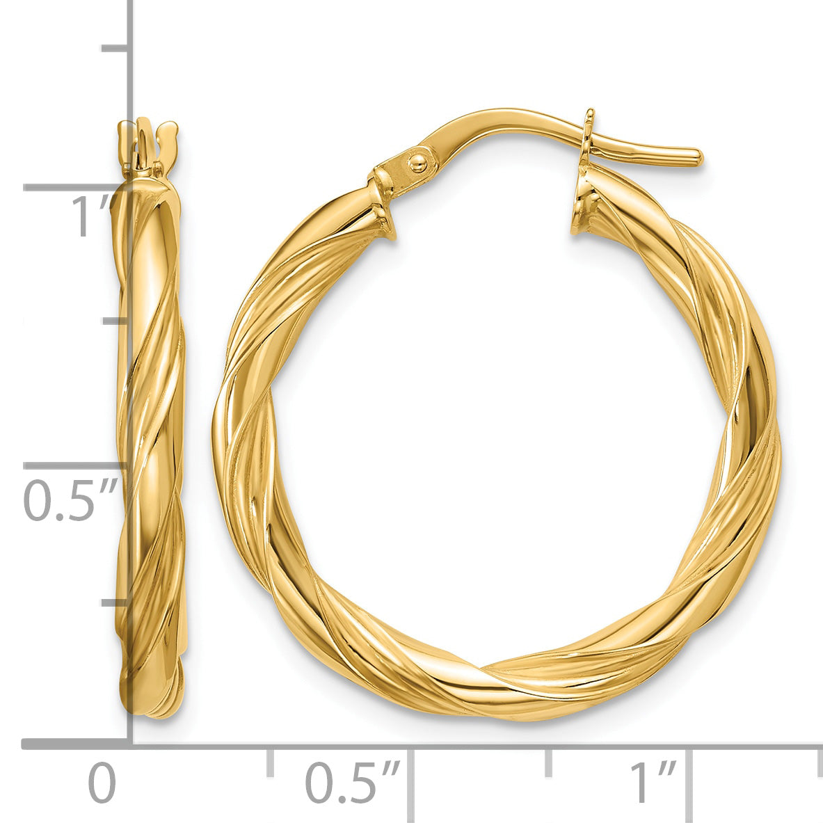 14K Yellow Gold Grooved Hoop Earrings, 3mm