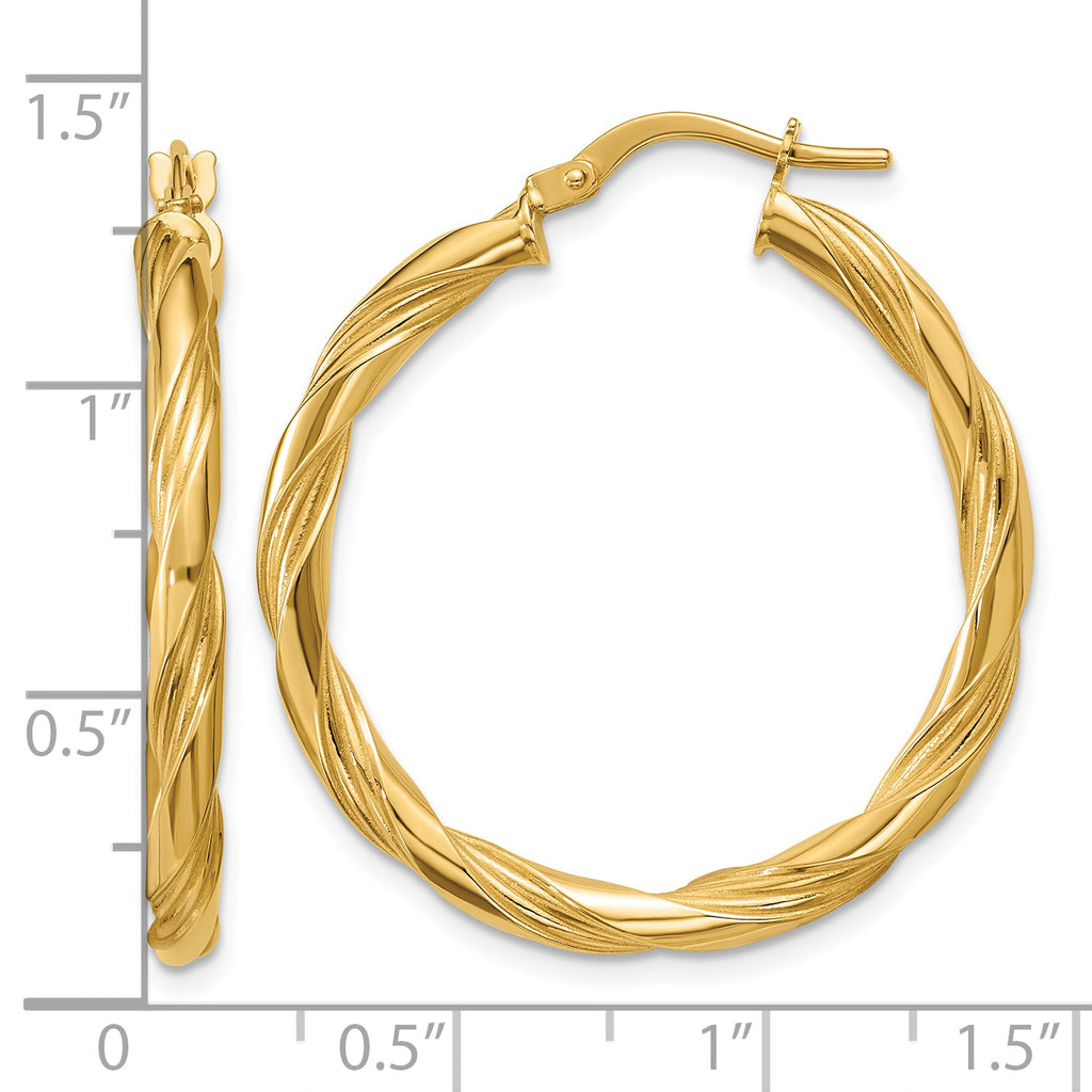 14K Yellow Gold Grooved Hoop Earrings, 3mm