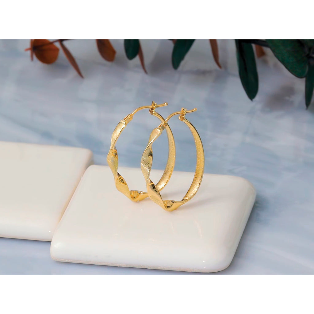 14K Yellow Gold Brushed & Polished Hoop Earrings