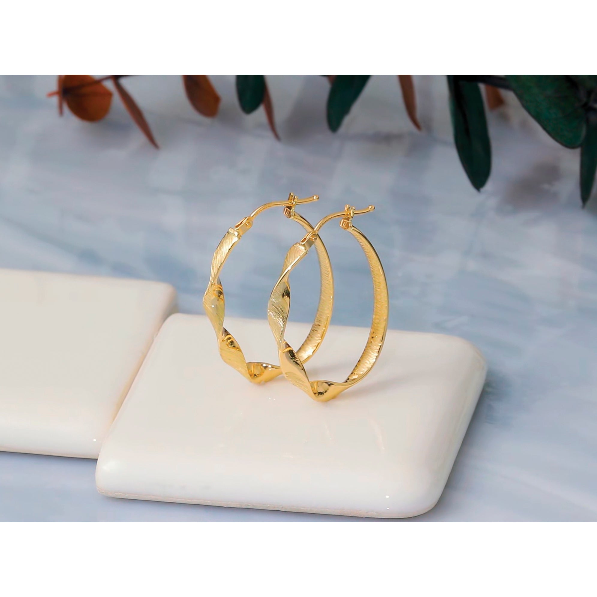 14K Yellow Gold Brushed & Polished Hoop Earrings