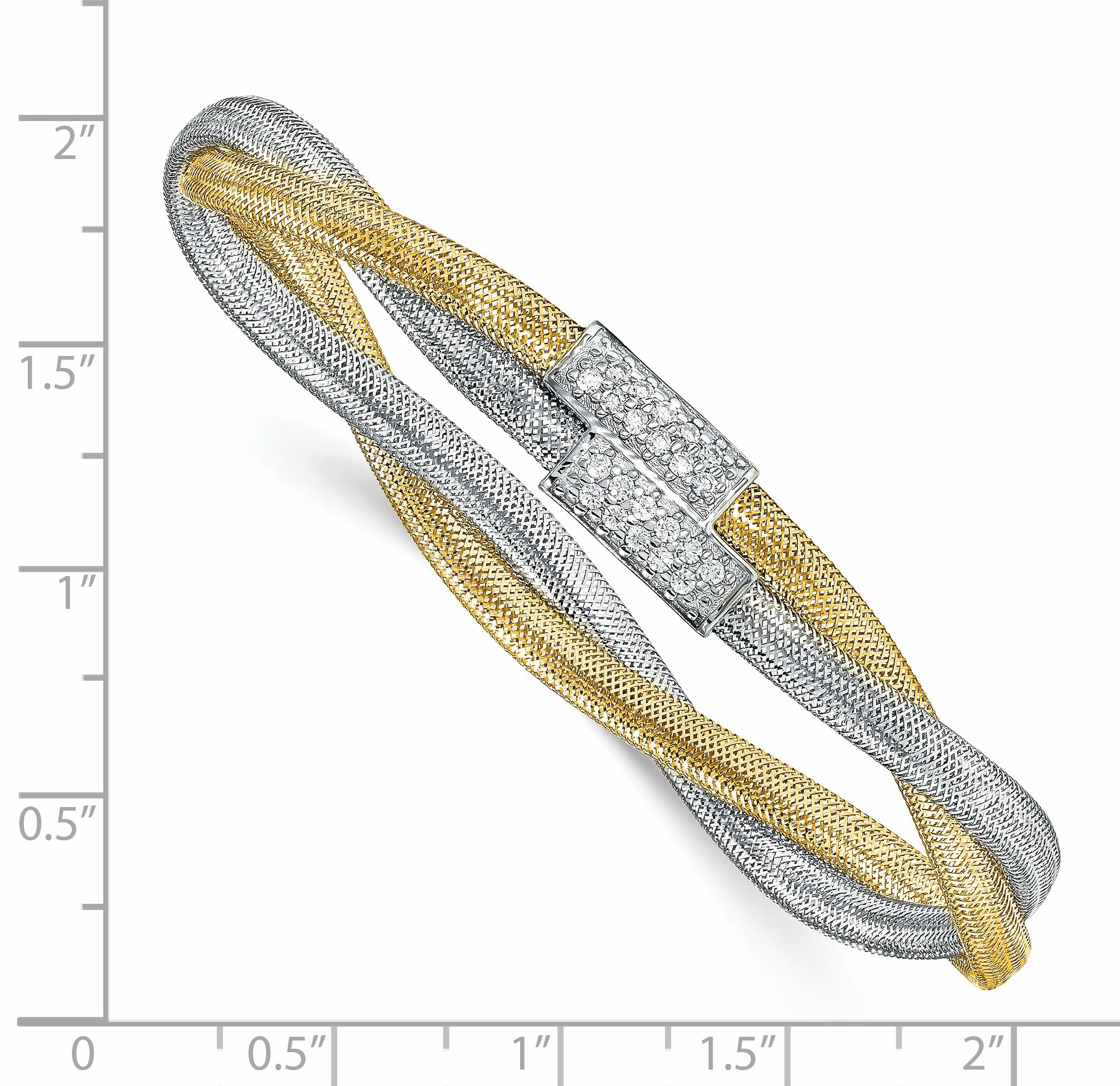 14K with White Rhodium CZ Polished Mesh Stretch Bracelet