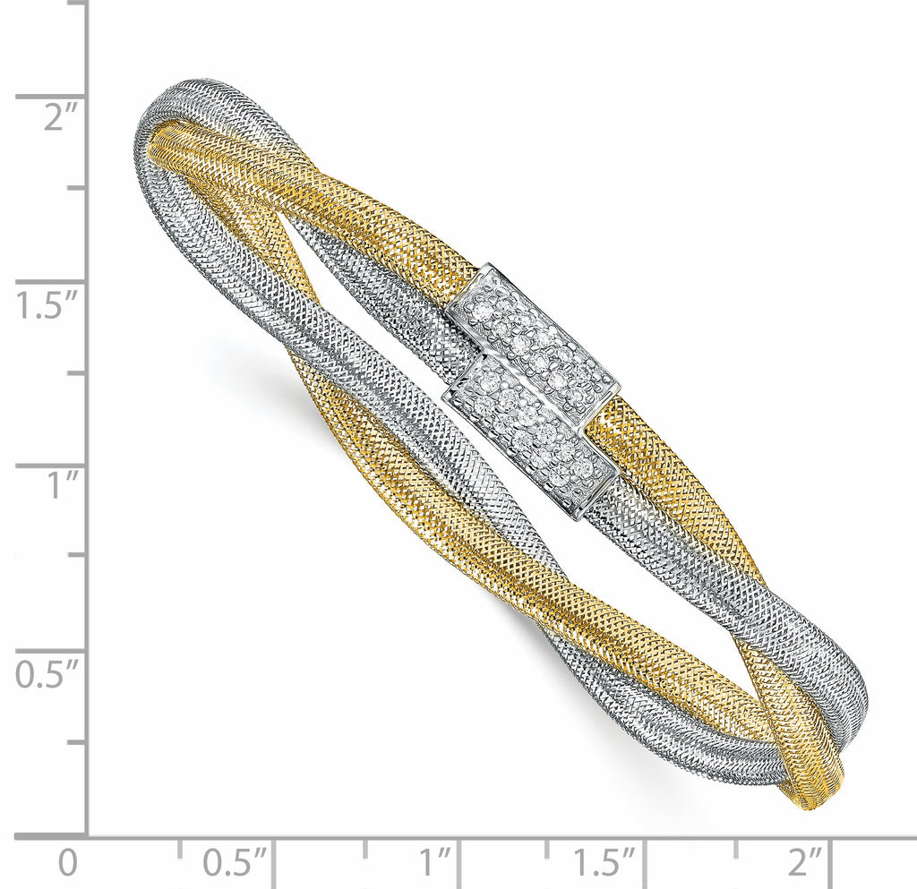 14K with White Rhodium CZ Polished Mesh Stretch Bracelet