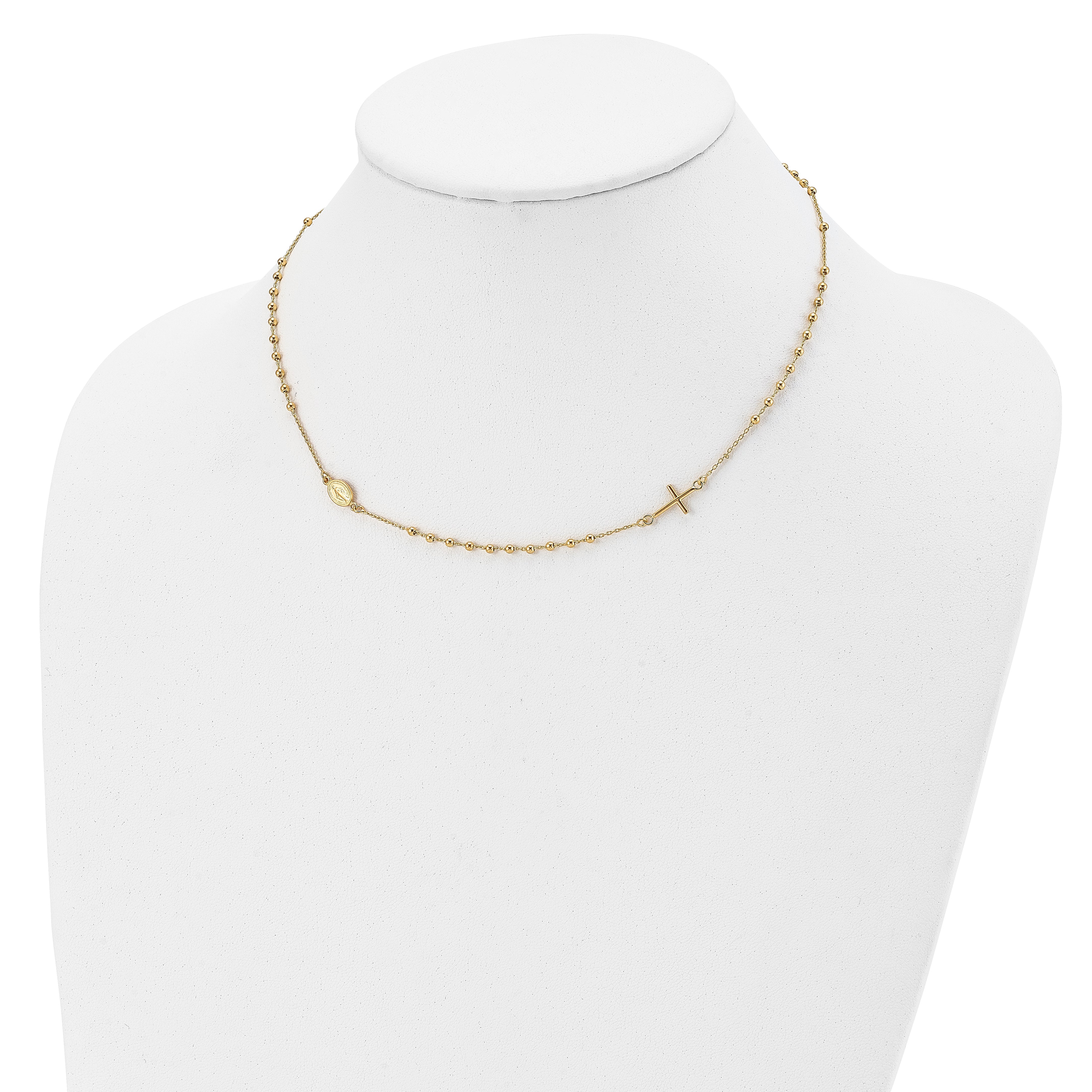 14K Polished Sideways Cross Beaded Rosary Style 16.5 inch Necklace