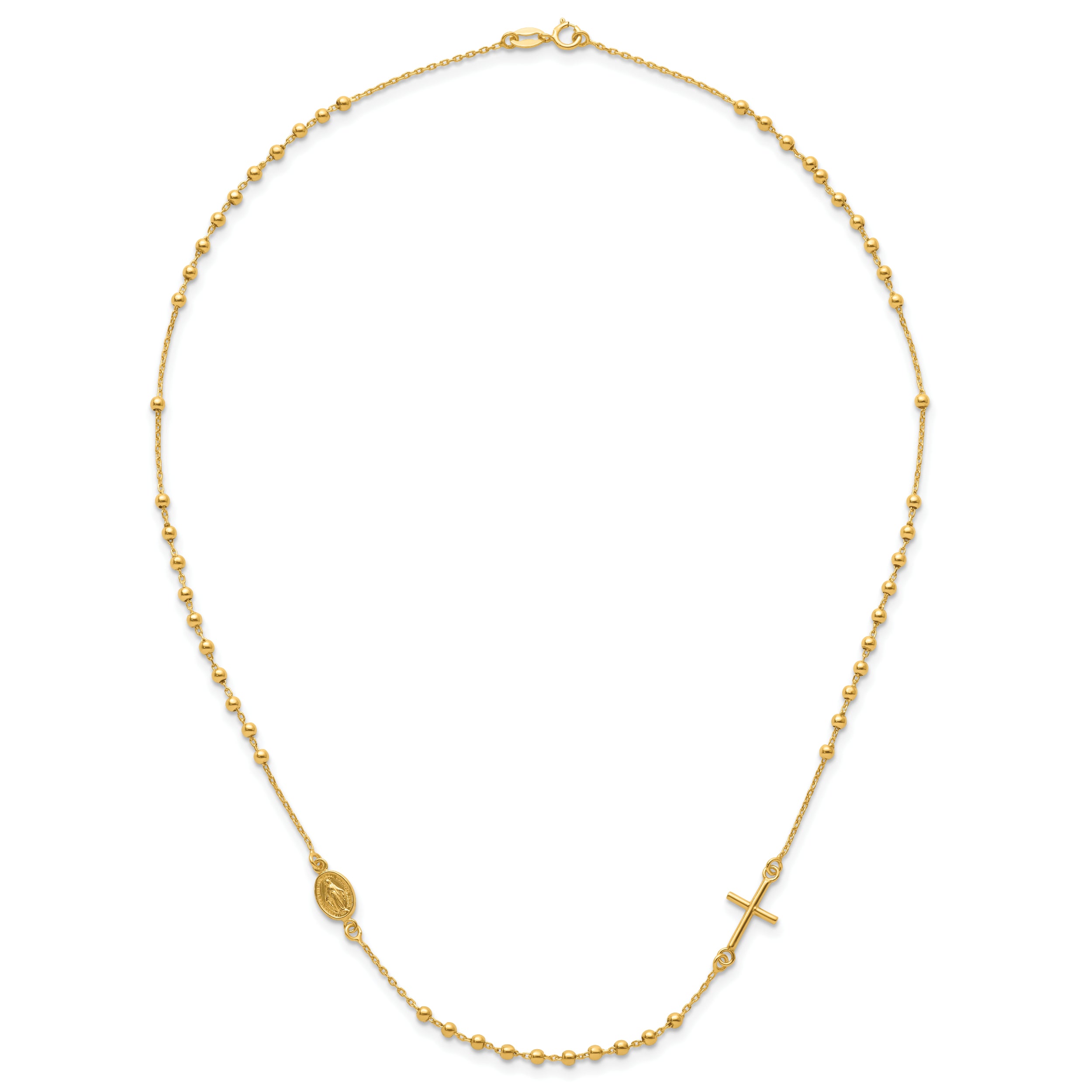 14K Polished Sideways Cross Beaded Rosary Style 16.5 inch Necklace