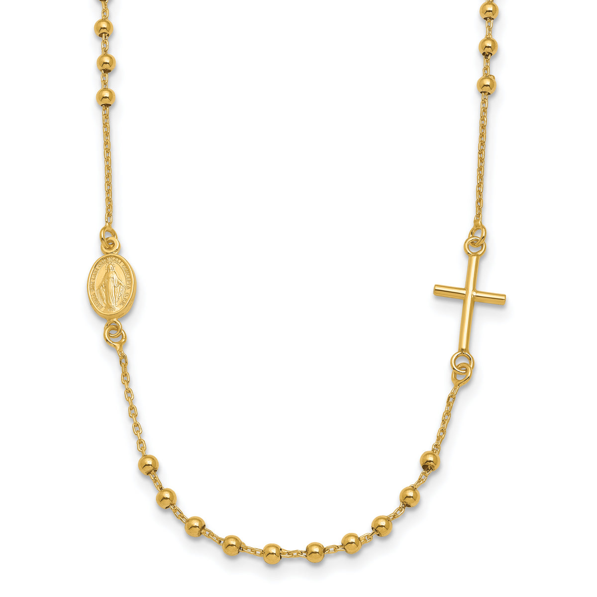 14K Polished Sideways Cross Beaded Rosary Style 16.5 inch Necklace