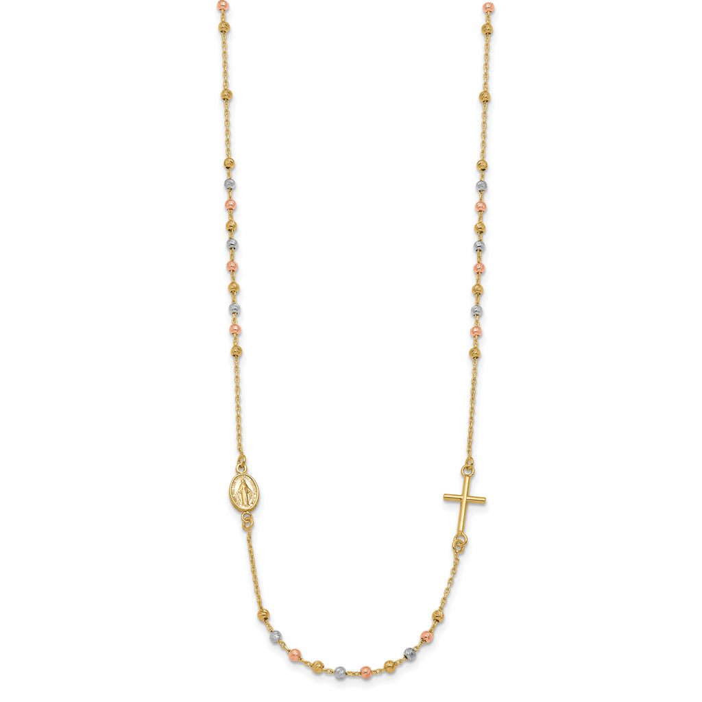 14K Tri-color Sideways Cross Beaded Rosary Style 18 inch Necklace