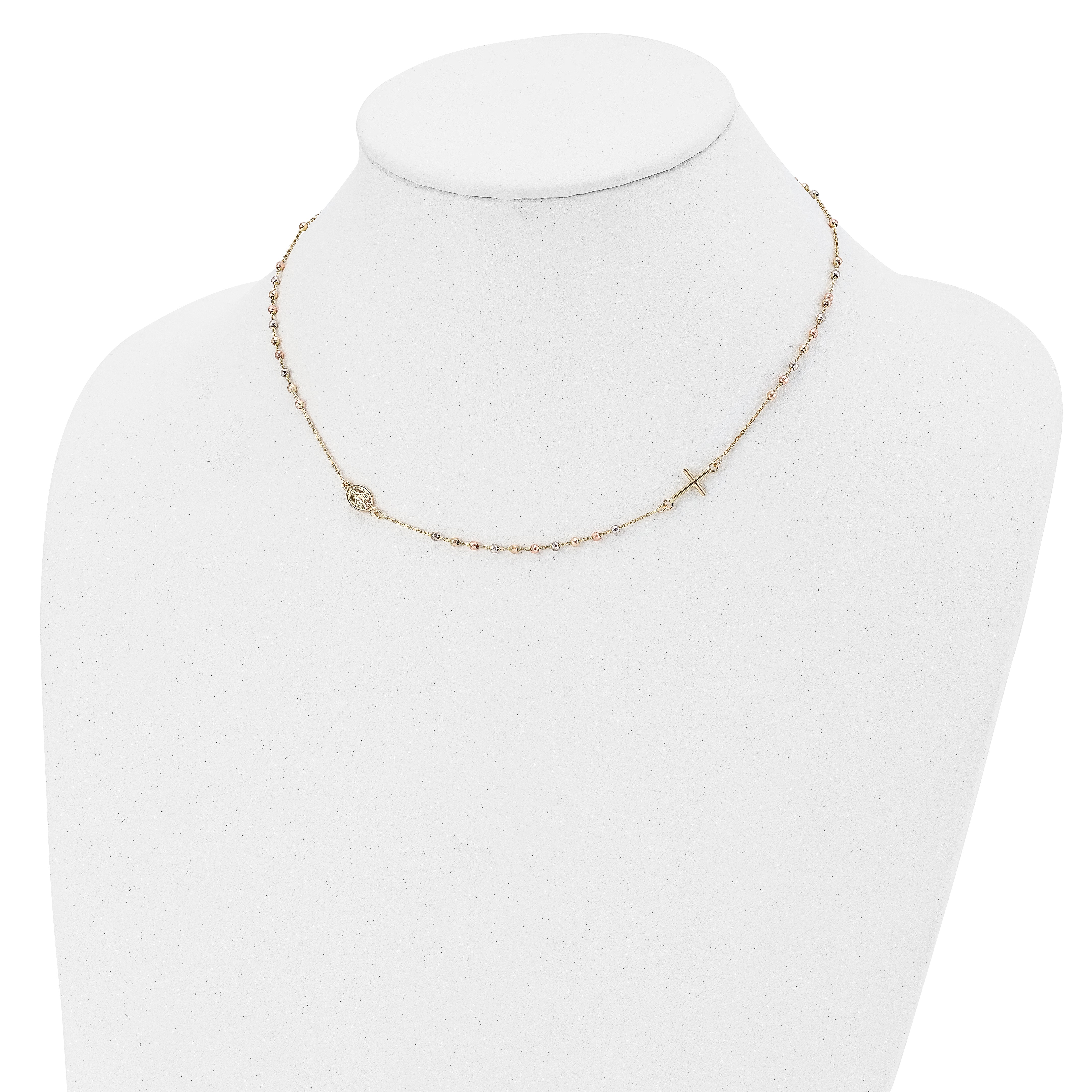 14K Tri-color Sideways Cross Beaded Rosary Style 18 inch Necklace