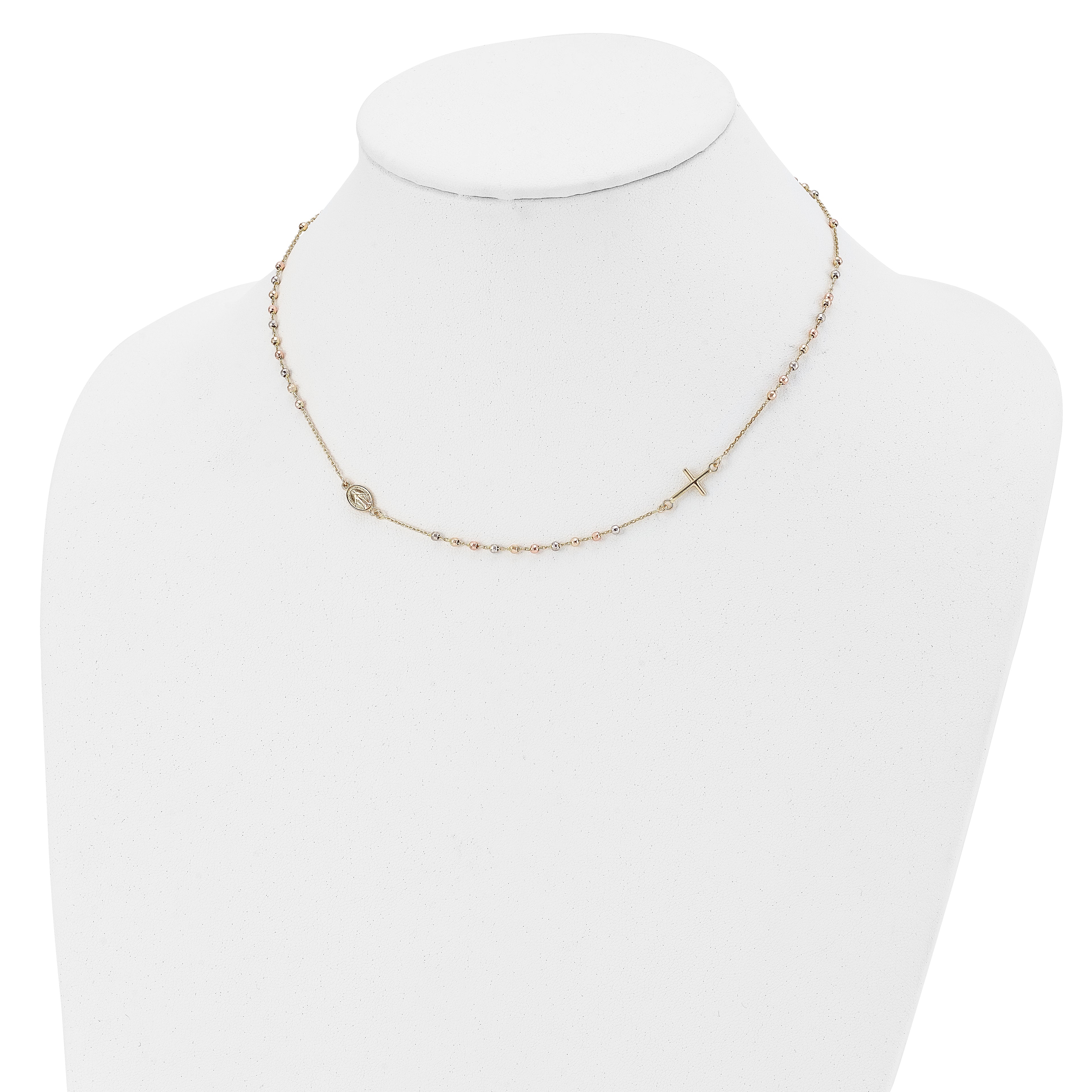 14K Tri-color Sideways Cross Beaded Rosary Style 18 inch Necklace