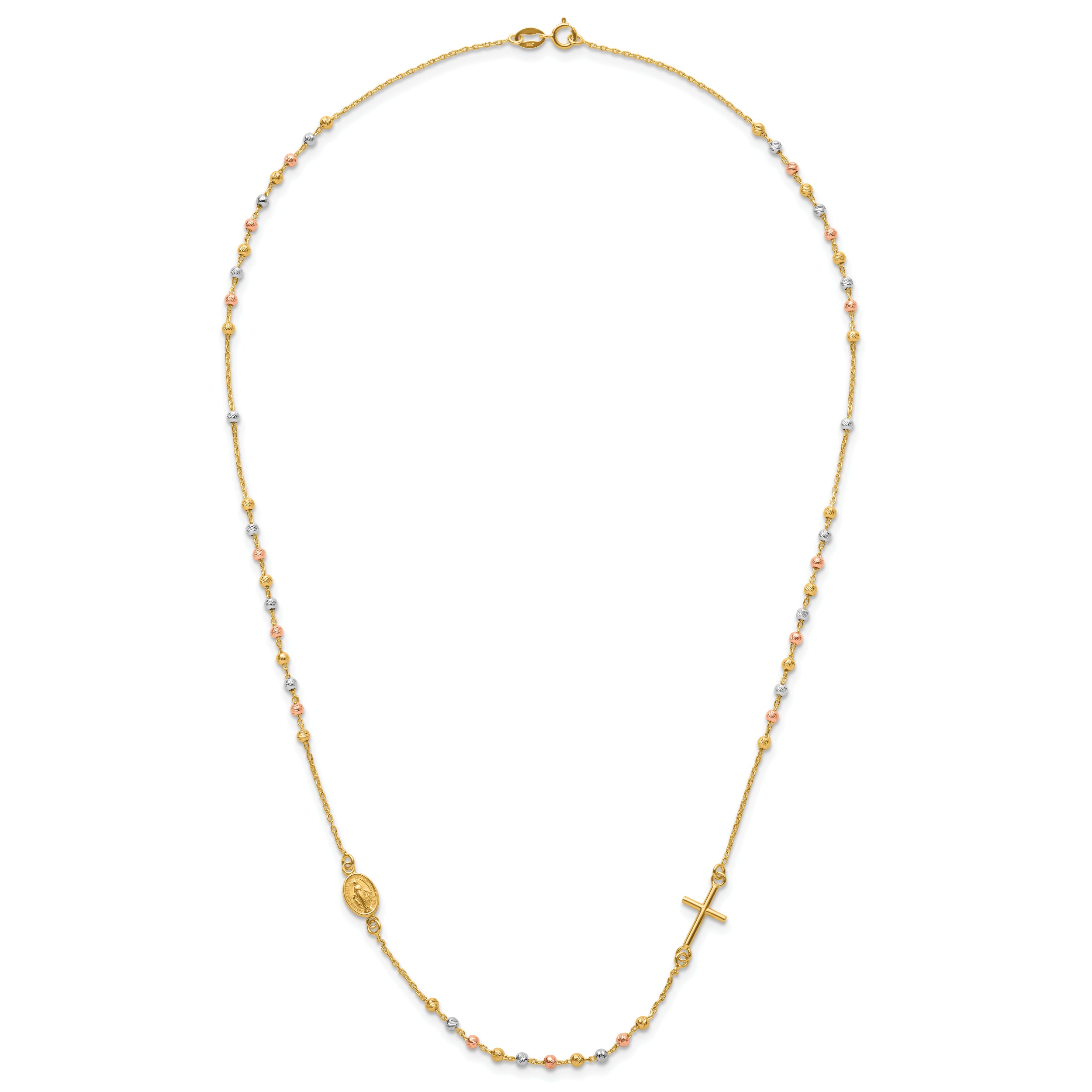 14K Tri-color Sideways Cross Beaded Rosary Style 18 inch Necklace