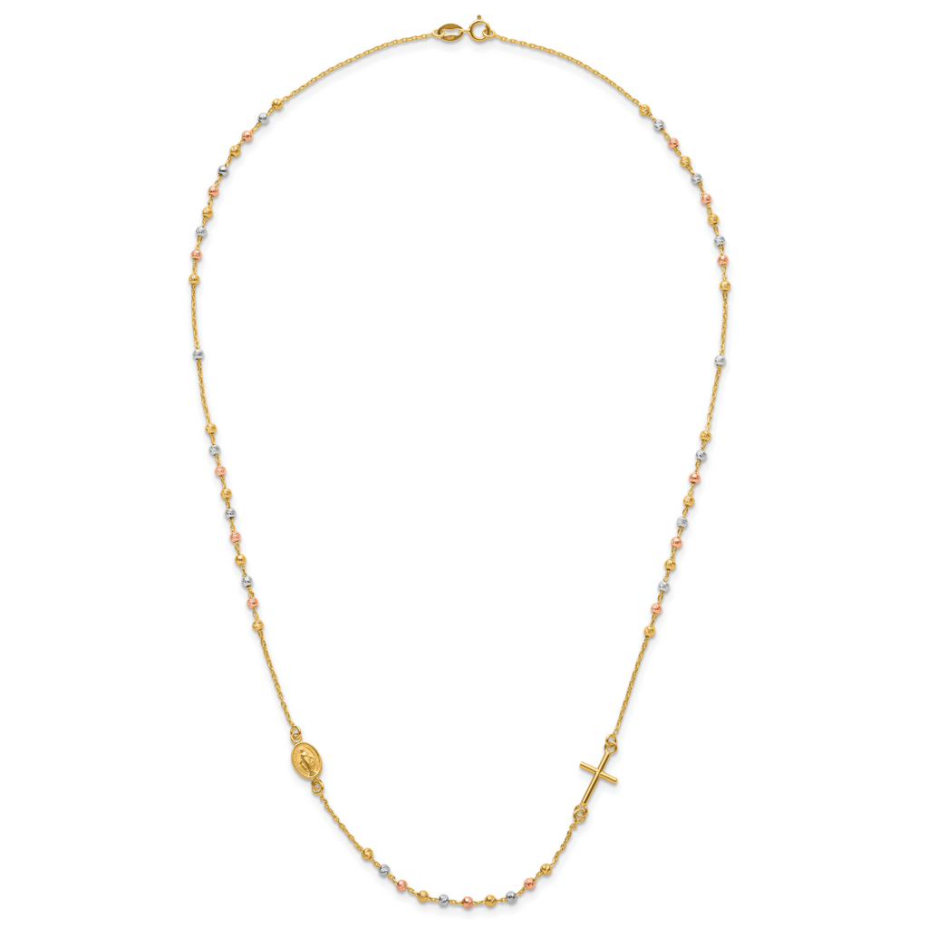 14K Tri-color Sideways Cross Beaded Rosary Style 18 inch Necklace
