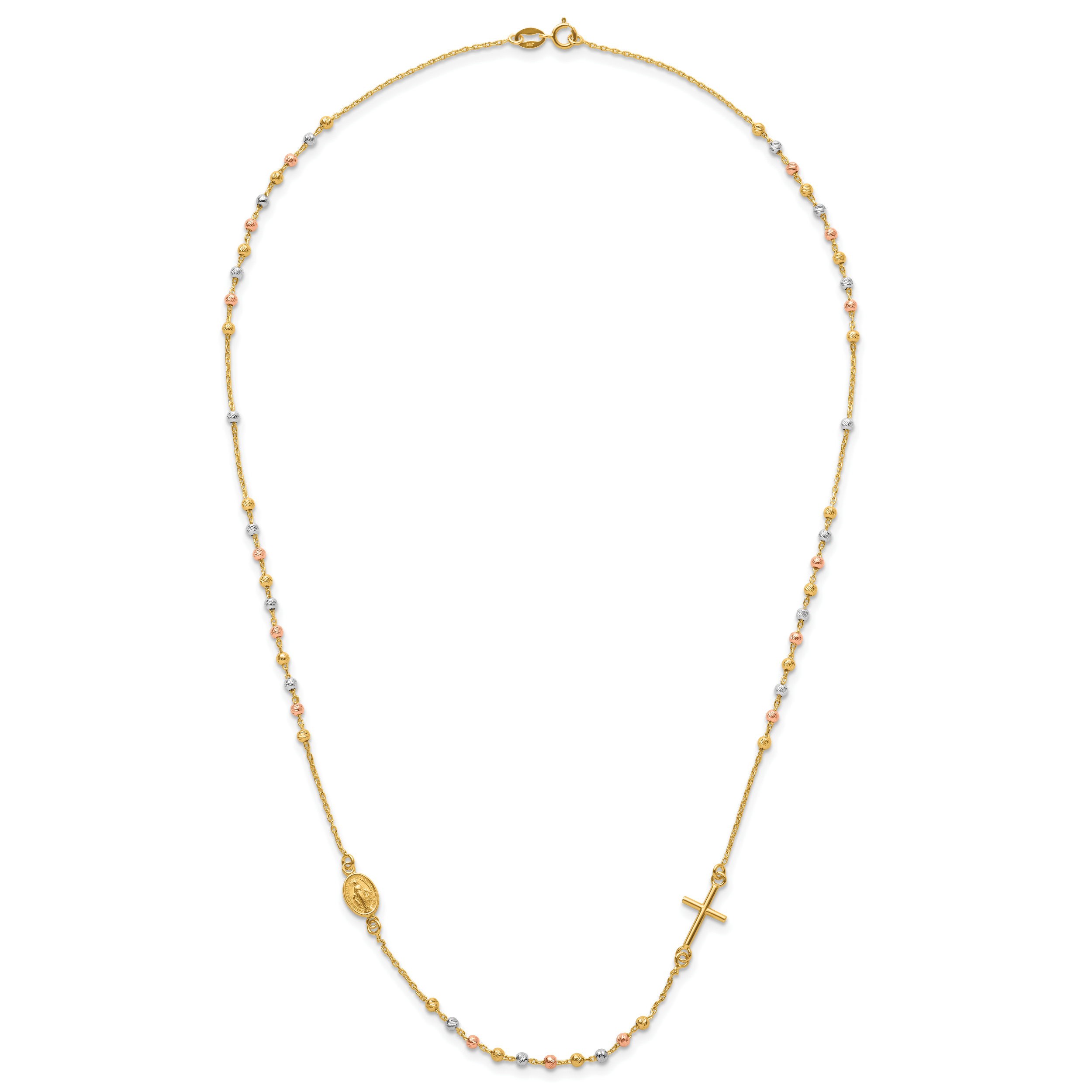 14K Tri-color Sideways Cross Beaded Rosary Style 18 inch Necklace