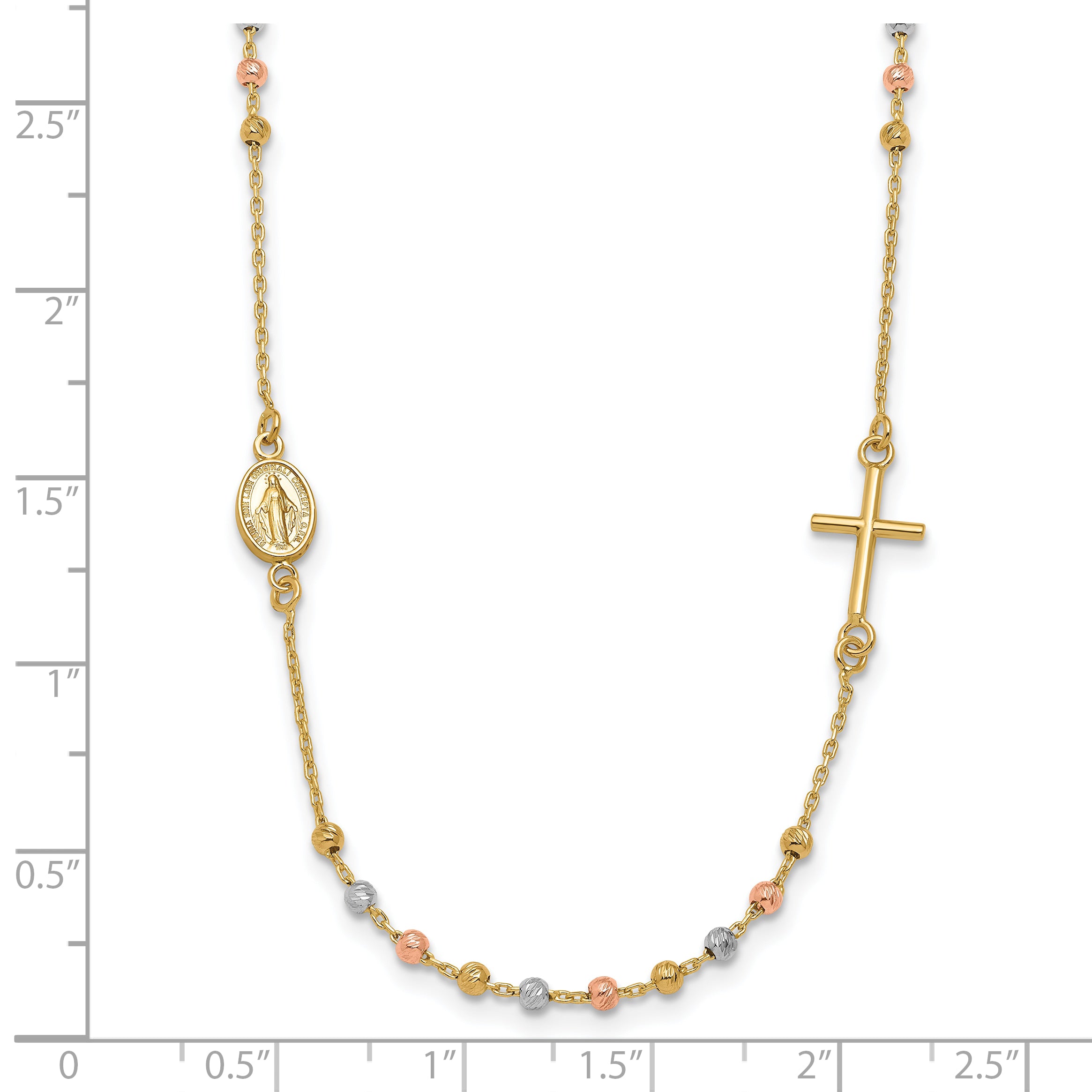 14K Tri-color Sideways Cross Beaded Rosary Style 18 inch Necklace