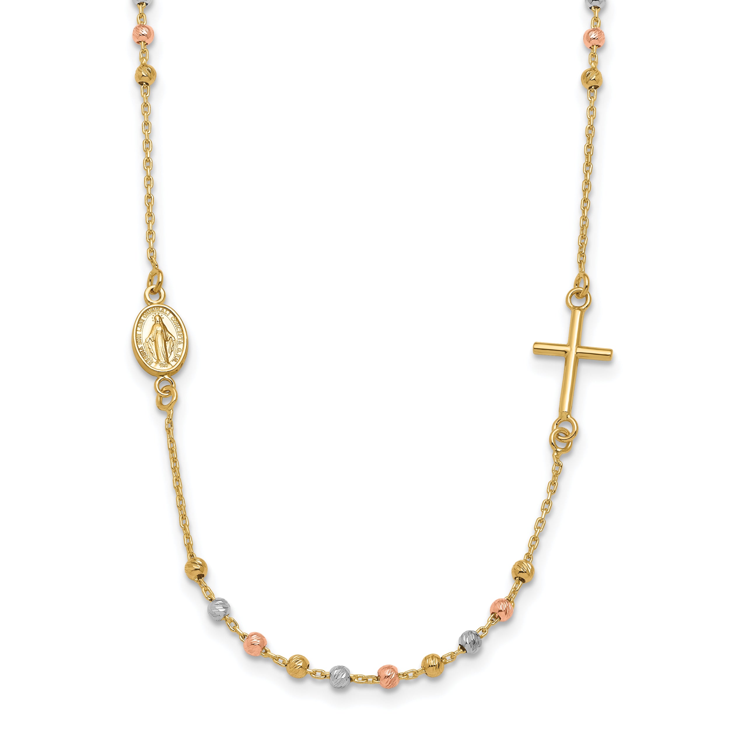 14K Tri-color Sideways Cross Beaded Rosary Style 18 inch Necklace