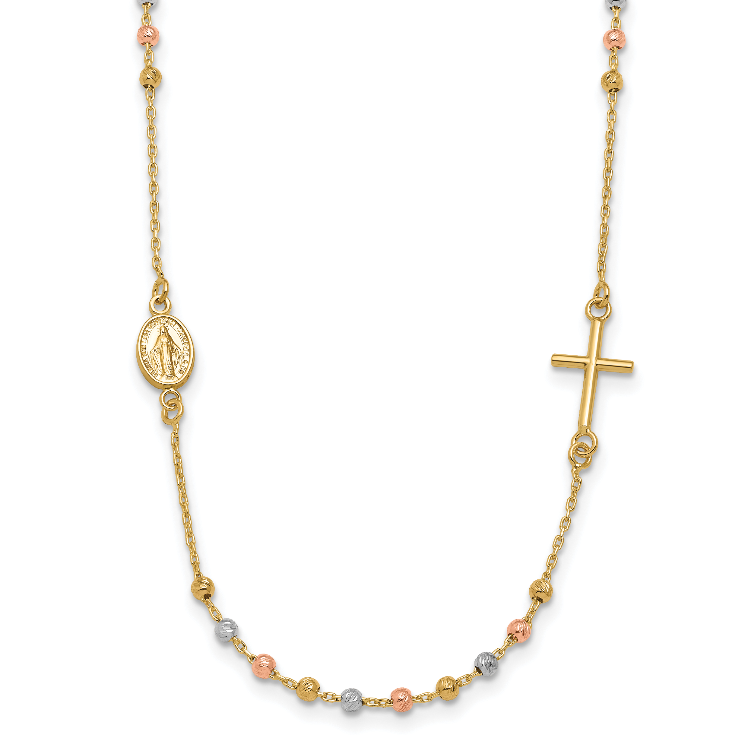 14K Tri-color Sideways Cross Beaded Rosary Style 18 inch Necklace Main image