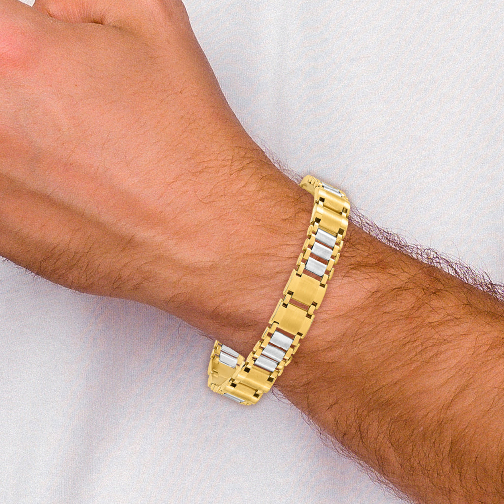 14K Two-tone Polished and Brushed Fancy Link Men's Bracelet