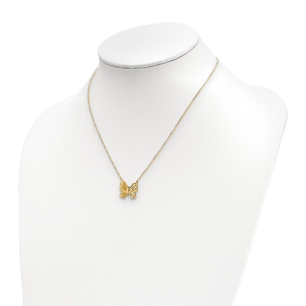 14k Polished and Brushed Butterfly w/ 2in ext Necklace