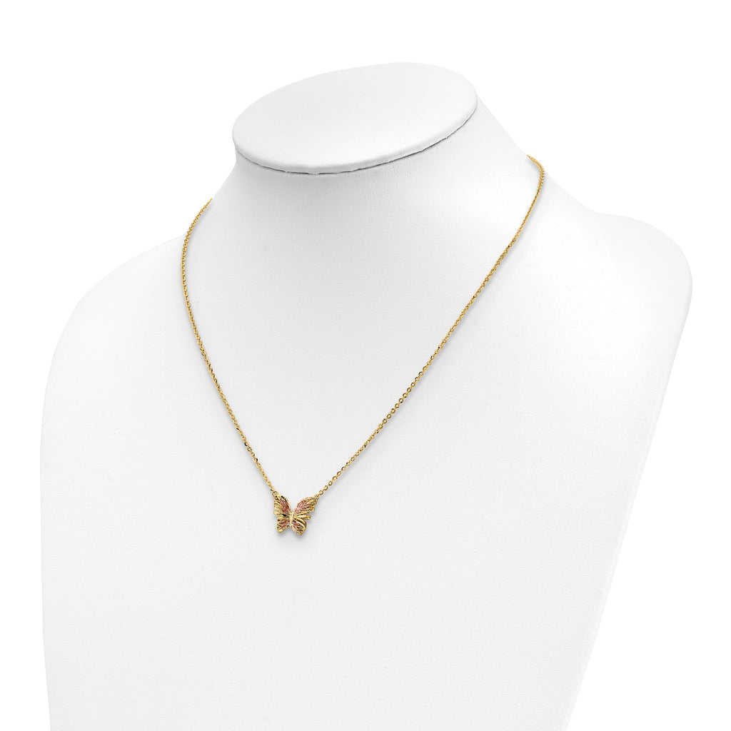 14K Polished D/C w/ Pink Enamel Butterfly Necklace