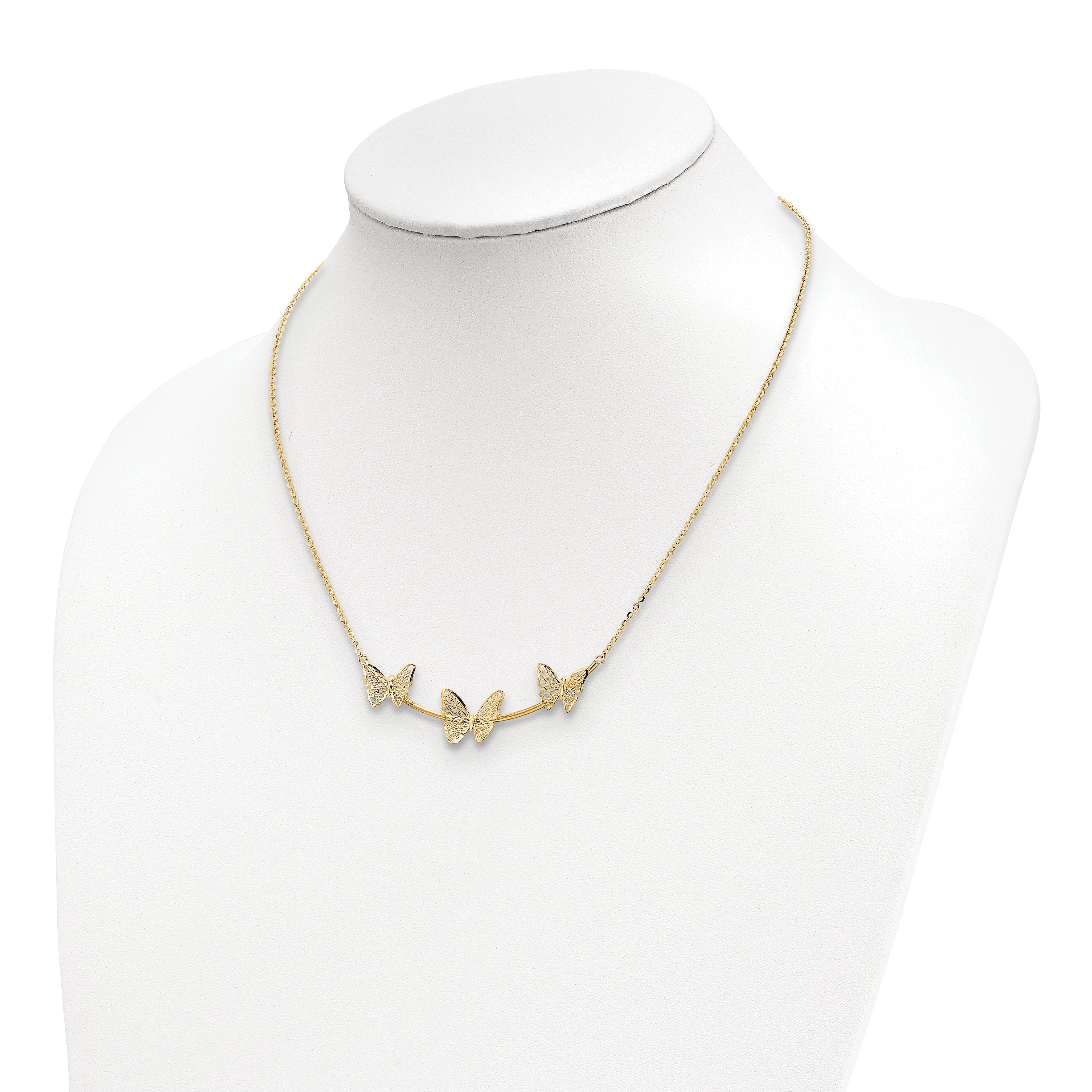 14K Polished Filigree 3-Butterfly Bar Necklace