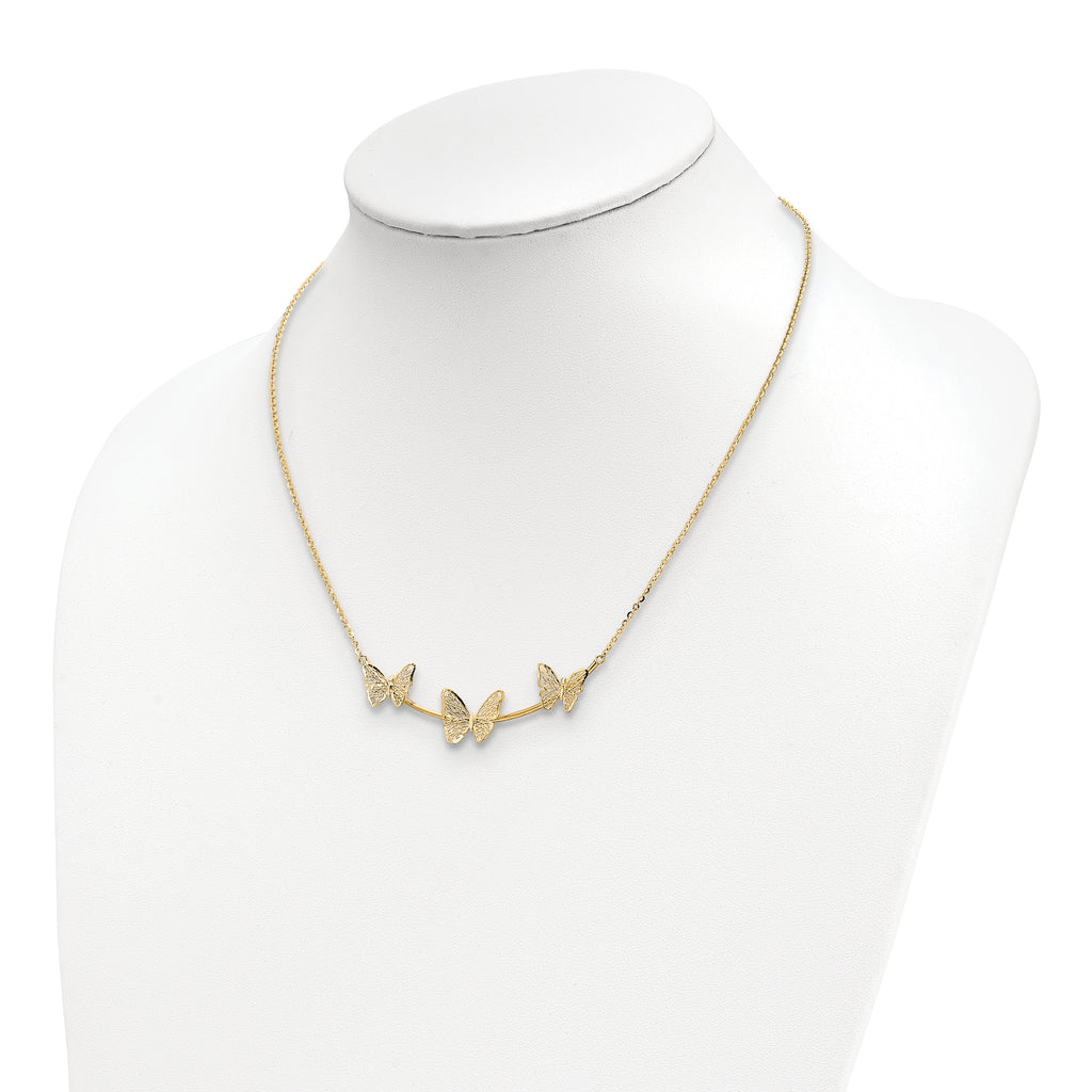 14K Polished Filigree 3-Butterfly Bar Necklace