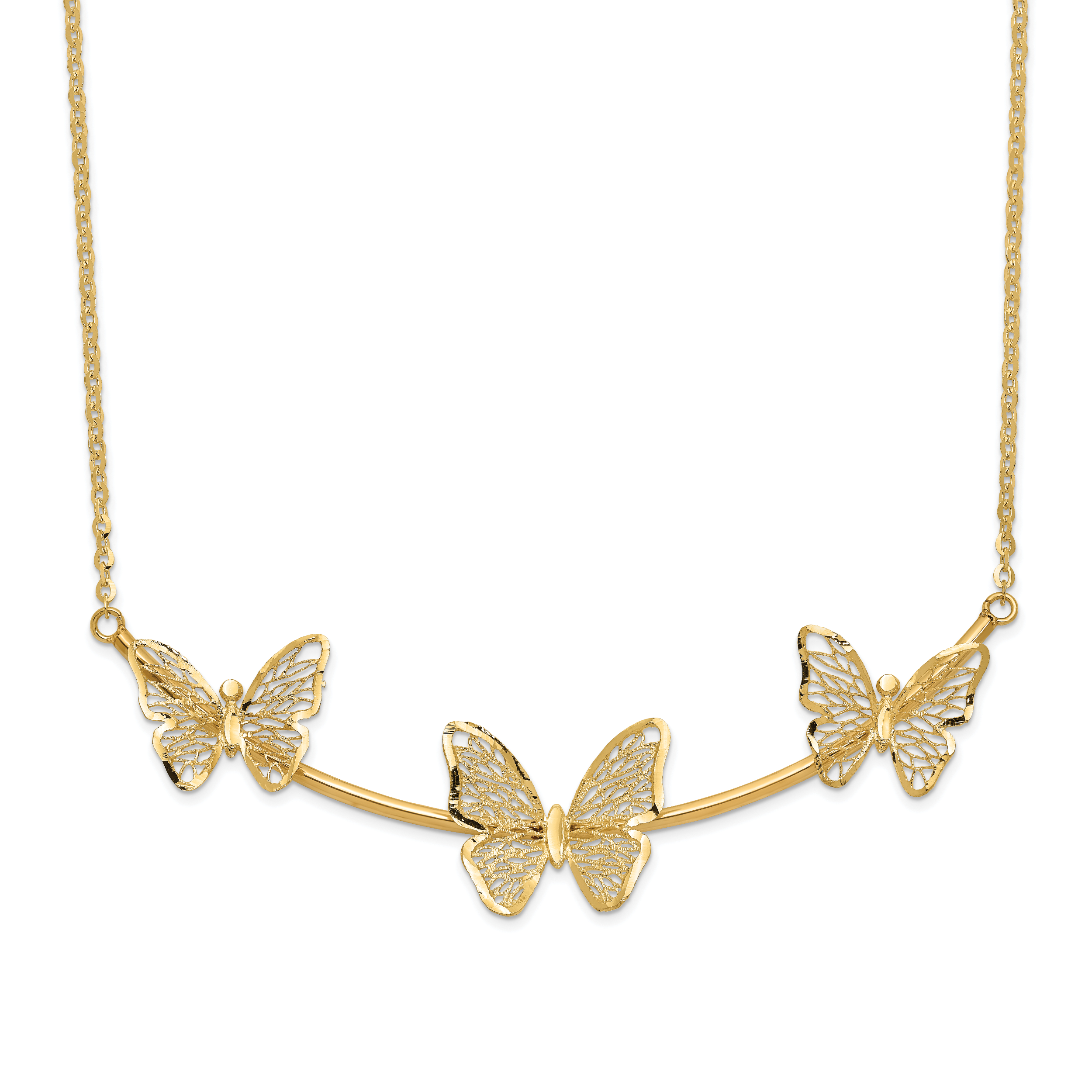 14K Polished Filigree 3-Butterfly Bar Necklace
