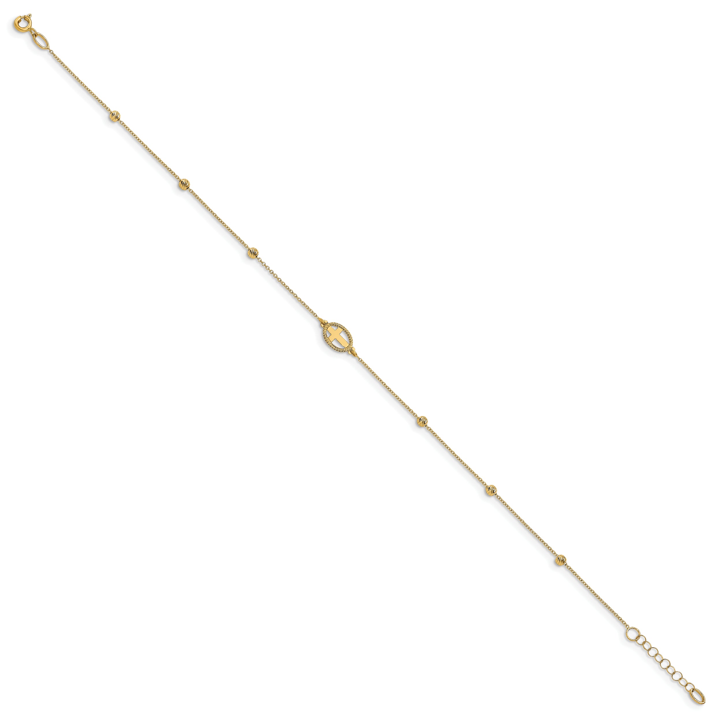 14K Oval Cross and Diamond-cut Beads 9.5 inch Plus 1 inch Extender - Total 10.5 inch Anklet