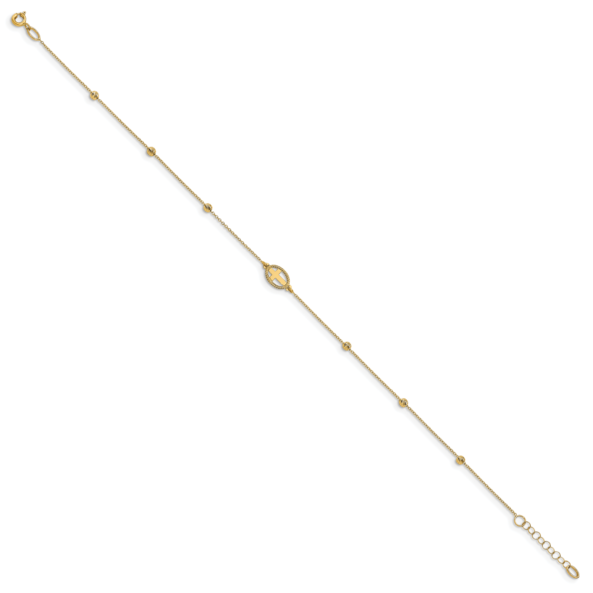 14K Oval Cross and Diamond-cut Beads 9.5 inch Plus 1 inch Extender - Total 10.5 inch Anklet Secondary image